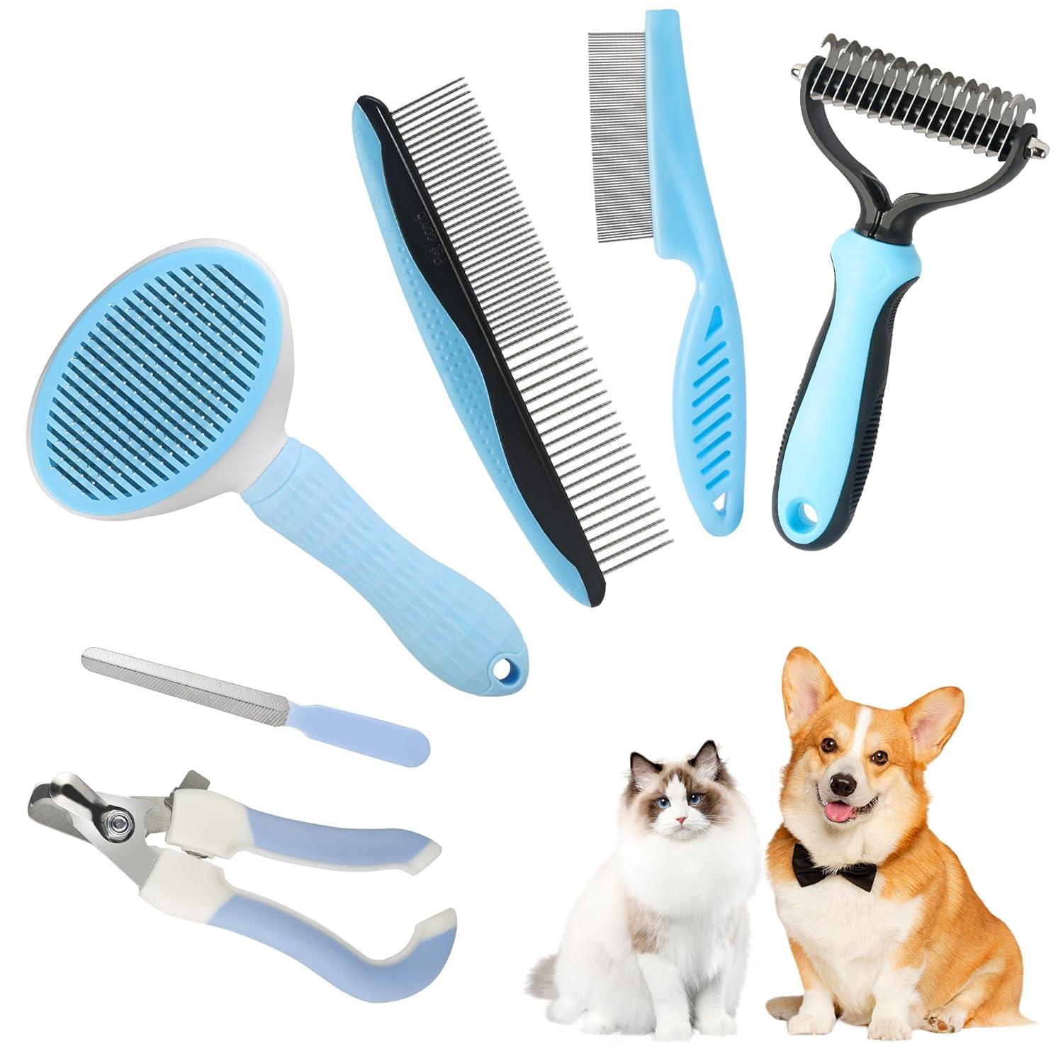 6 In 1 Dog Brush Dog Grooming Kit Undercoat Rake, Slicker Brush, Deshedding Comb, Nail Clipper for Long & Short Haired Dogs & Cats