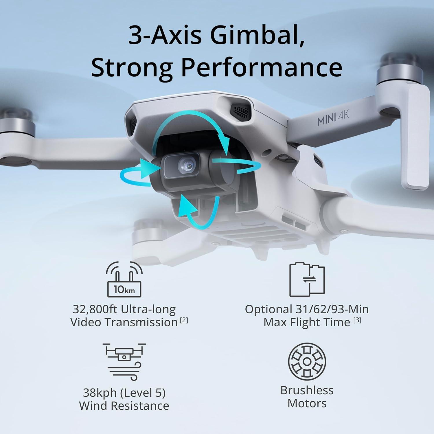 DJI Mini 4K, Drone with 4K UHD Camera for Adults, Under 249 g, 3-Axis Gimbal Stabilization, 10km Video Transmission, Auto Return, Wind Resistance
