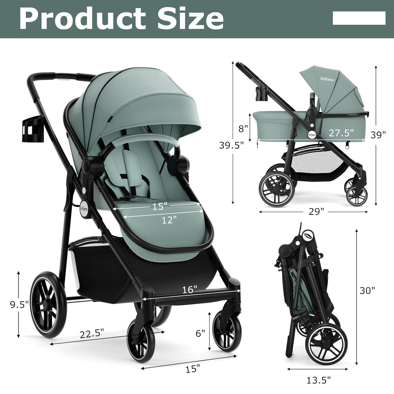 INFANS 2 in 1 Baby Stroller, High Landscape Infant Stroller & Reversible Bassinet Pram, Foldable Pushchair with Adjustable Canopy