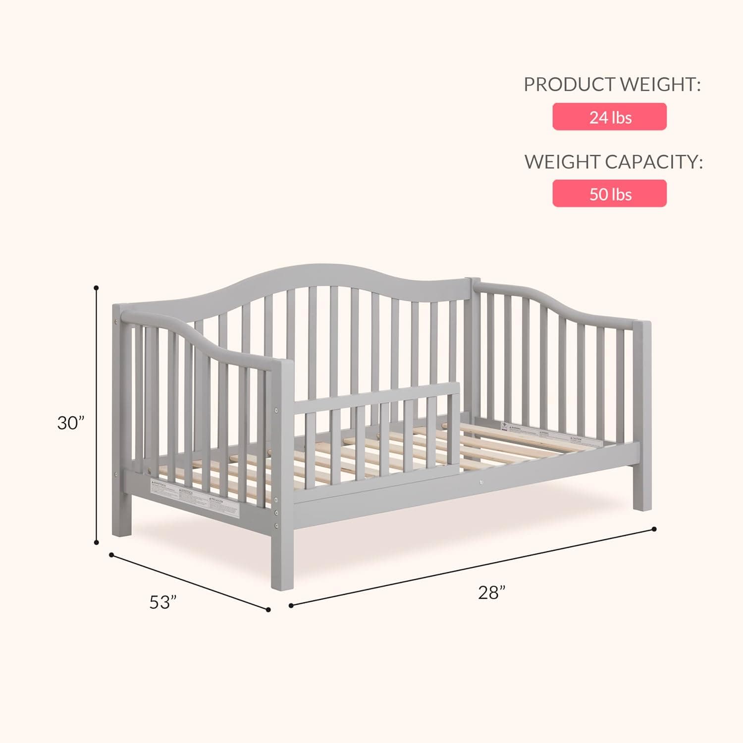 Dream On Me Austin Toddler Day Bed with Rails in Pebble Grey, Low to Floor Toddler Day Bed