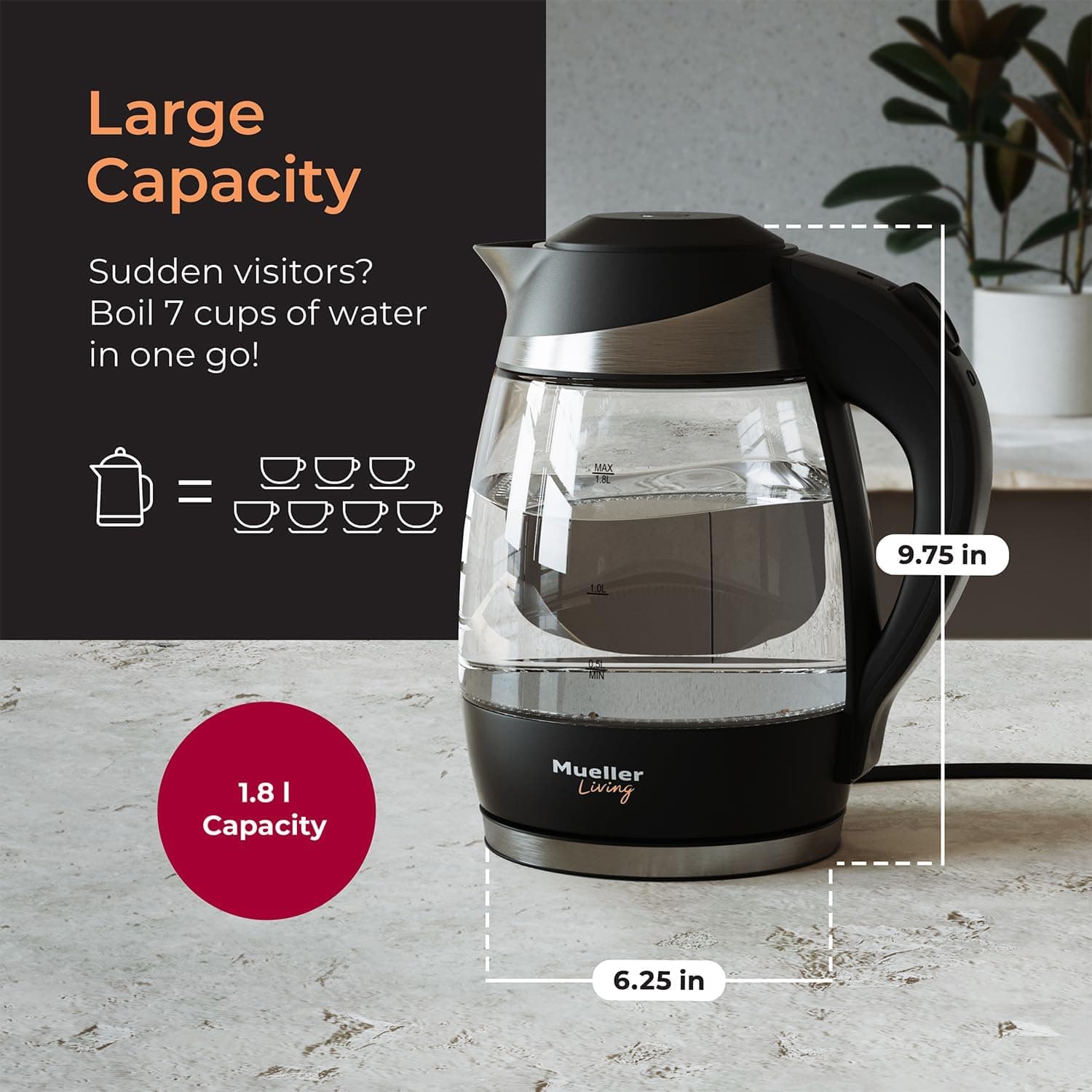 Miniatura de Mueller Living Electric Kettle, Electric Tea Kettle for Boiling Water, 1500W SpeedBoil with Automatic Shutoff, 1.8L Cordless with LED Light 3