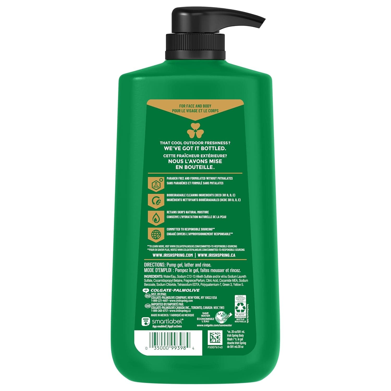 Irish Spring Original Moisturizing Body Wash for Men, 24-Hour Fresh, Face and Body Wash, Biodegradable Ingredients, Paraben Free, Cool Fresh Scent, 30 fl oz Pump Bottle