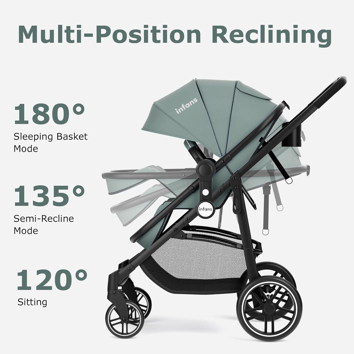INFANS 2 in 1 Baby Stroller, High Landscape Infant Stroller & Reversible Bassinet Pram, Foldable Pushchair with Adjustable Canopy
