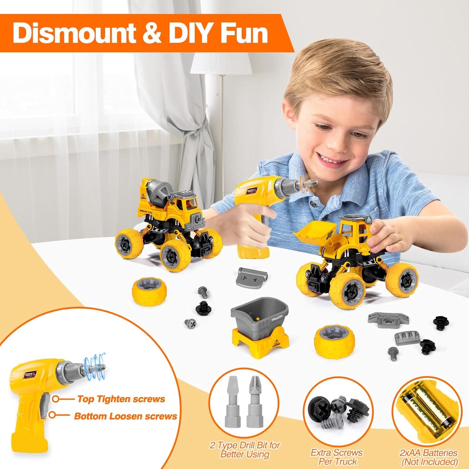 LUDILO 4PCS Take Apart Toys for 4 Year Old Boys Construction Toys with Electric Drill DIY Assembly Building Stem Toys Trucks