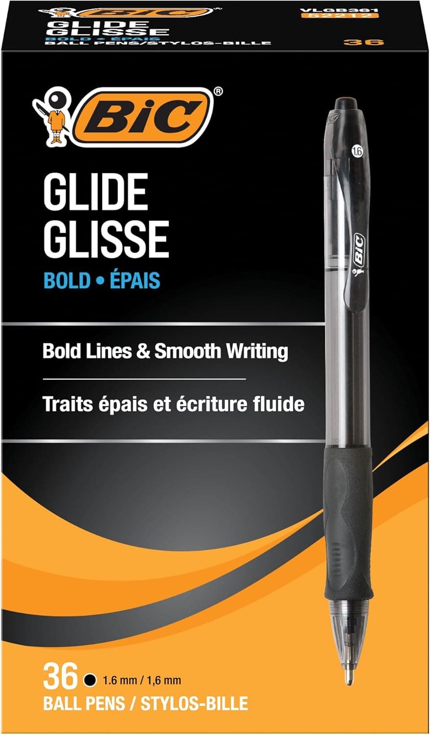 BIC Glide Bold Black Ballpoint Pens, Bold Point (1.6mm), 36-Count Pack, Retractable Ballpoint Pens With Comfortable Full Grip