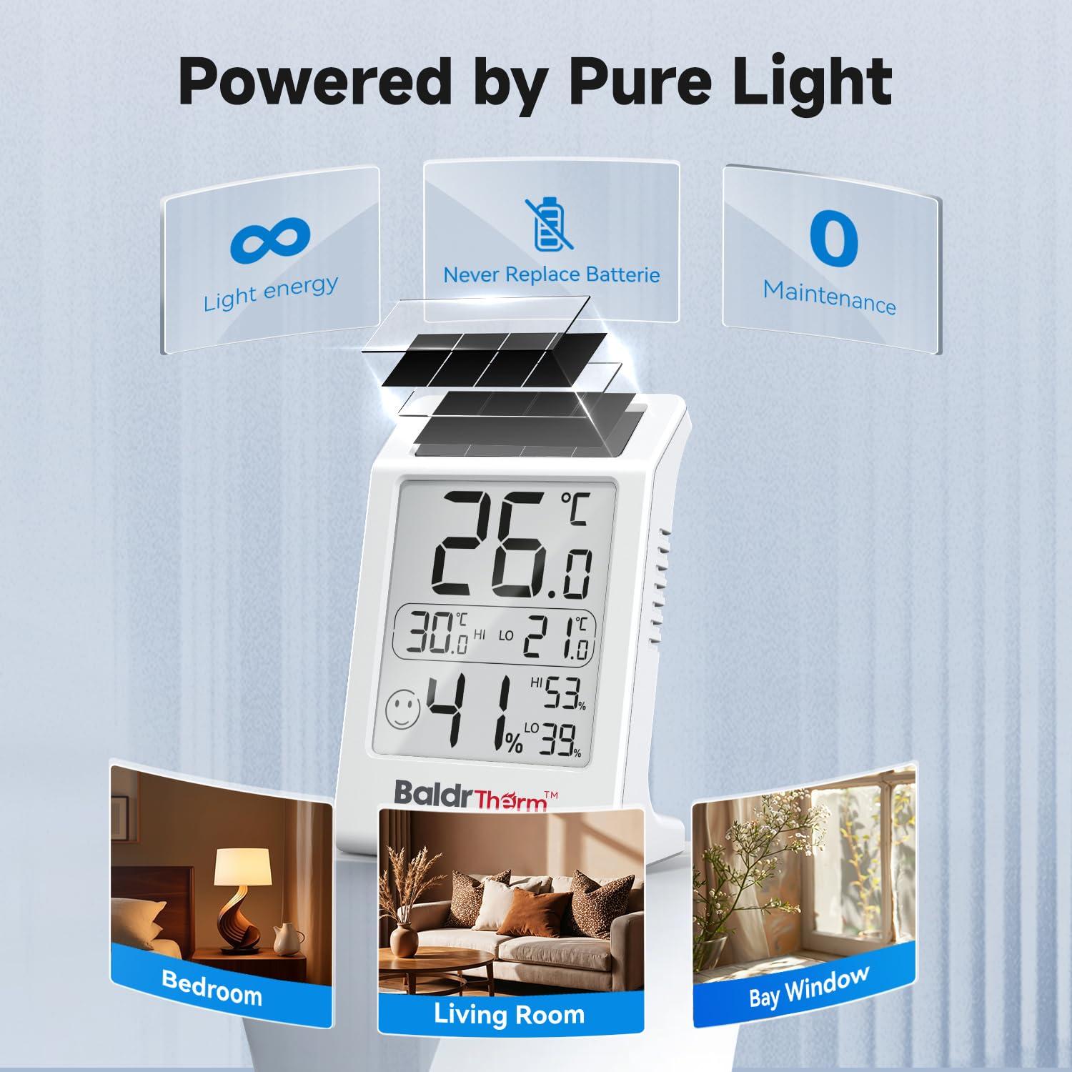 BaldrTherm Room Thermometer Indoor Humidity Meter, Solar-Powered 3.2'' Large Digital Temperature Sensor Monitor with Max/Min Reading