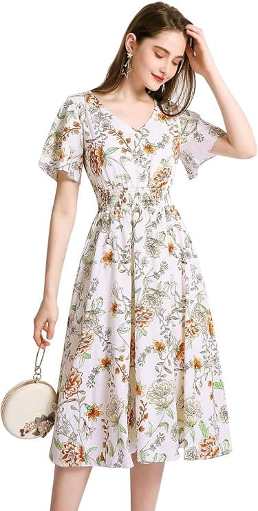 Gardenwed Chiffon Floral Dresses Summer Sun Beach Dresses for Women with Elastic Waist