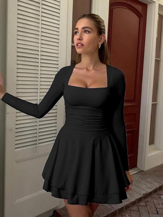 Miniatura de Kaximil Women's Square Neck Ruffle Hem Mini Dress Ruched Waist Long Sleeve Corset Short Party Dresses 4
