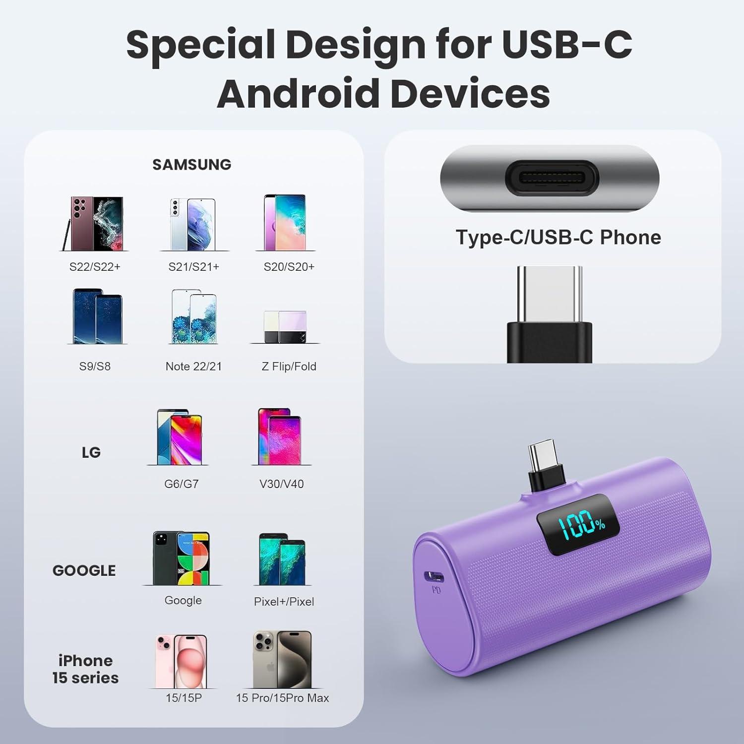 [2-Pack]Small Portable Charger 5200mAh, Upgraded PD USB C Power Bank Built-in USB-C Connector,LCD Display Battery Pack