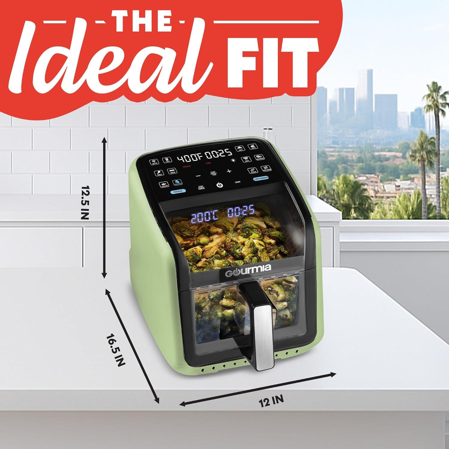 Gourmia Air Fryer 7 QT - Easy View Panoramic Window & Interior Light, Guided Cooking with 12 One-Touch Presets, FryForce 360, Dishwasher Safe Accessories, Green