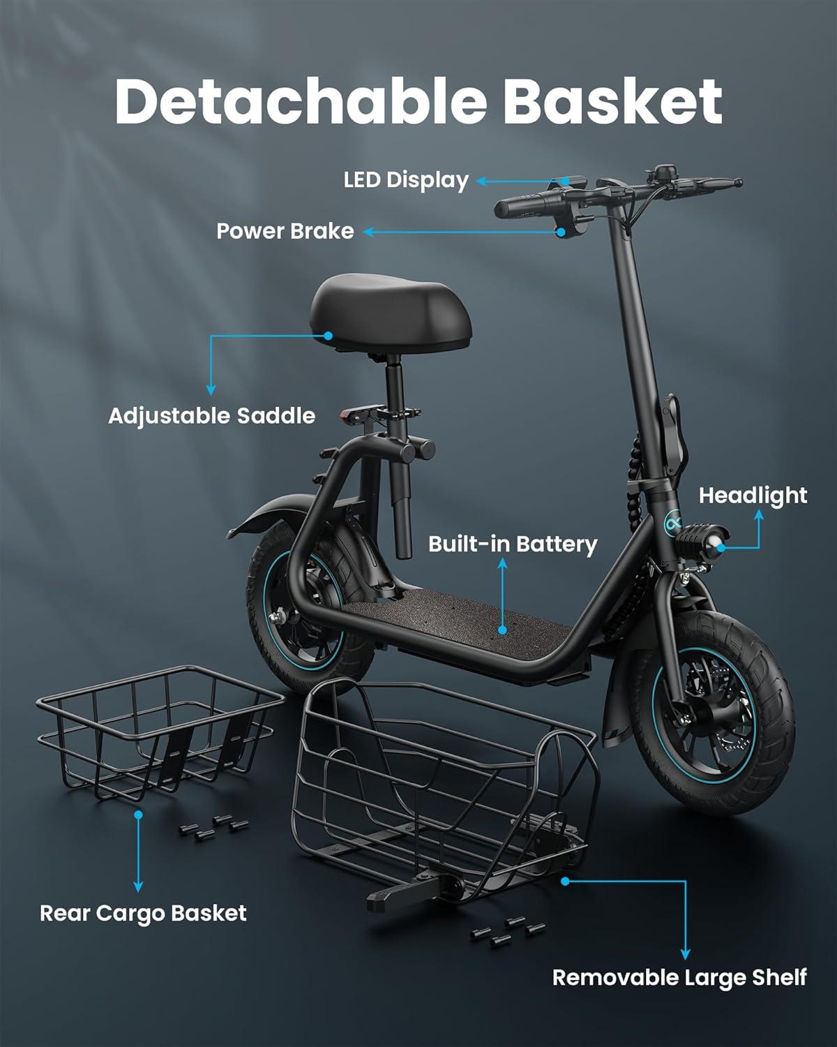Gyroor Adults Electric Scooter with Large Middle Basket, 550W Motor 18.6 MPH 20 Mile Distance, Foldable E-Scooter with seat