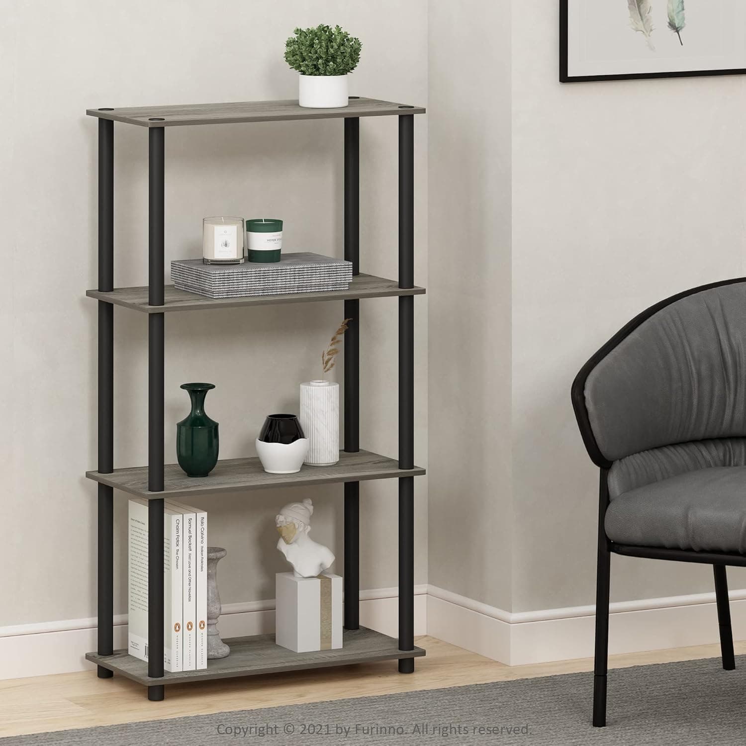 Miniatura de Furinno (99557GYW/BK) Turn-N-Tube 4-Tier Multipurpose Shelf Display Rack - French Oak Grey/Black 2