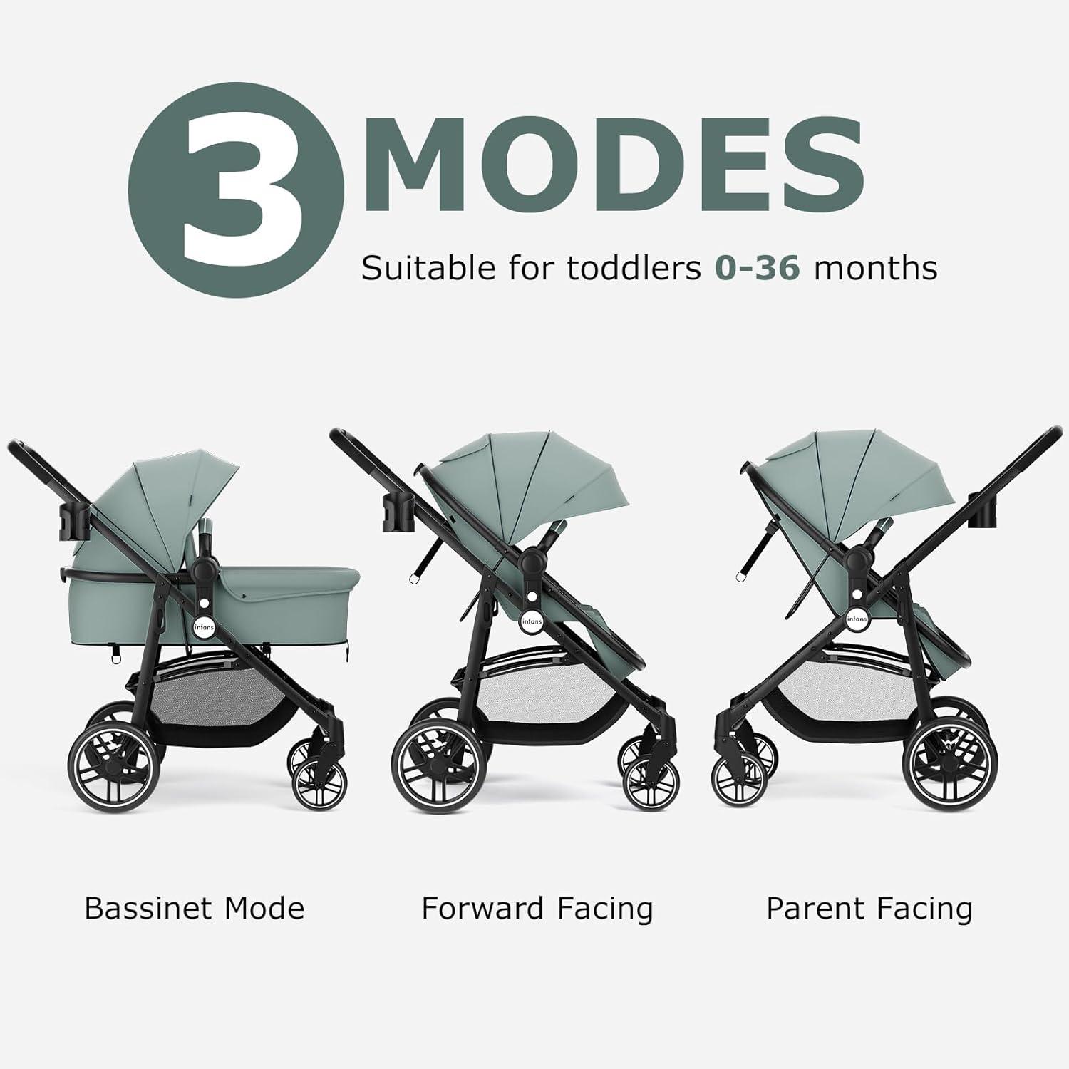 INFANS 2 in 1 Baby Stroller, High Landscape Infant Stroller & Reversible Bassinet Pram, Foldable Pushchair with Adjustable Canopy