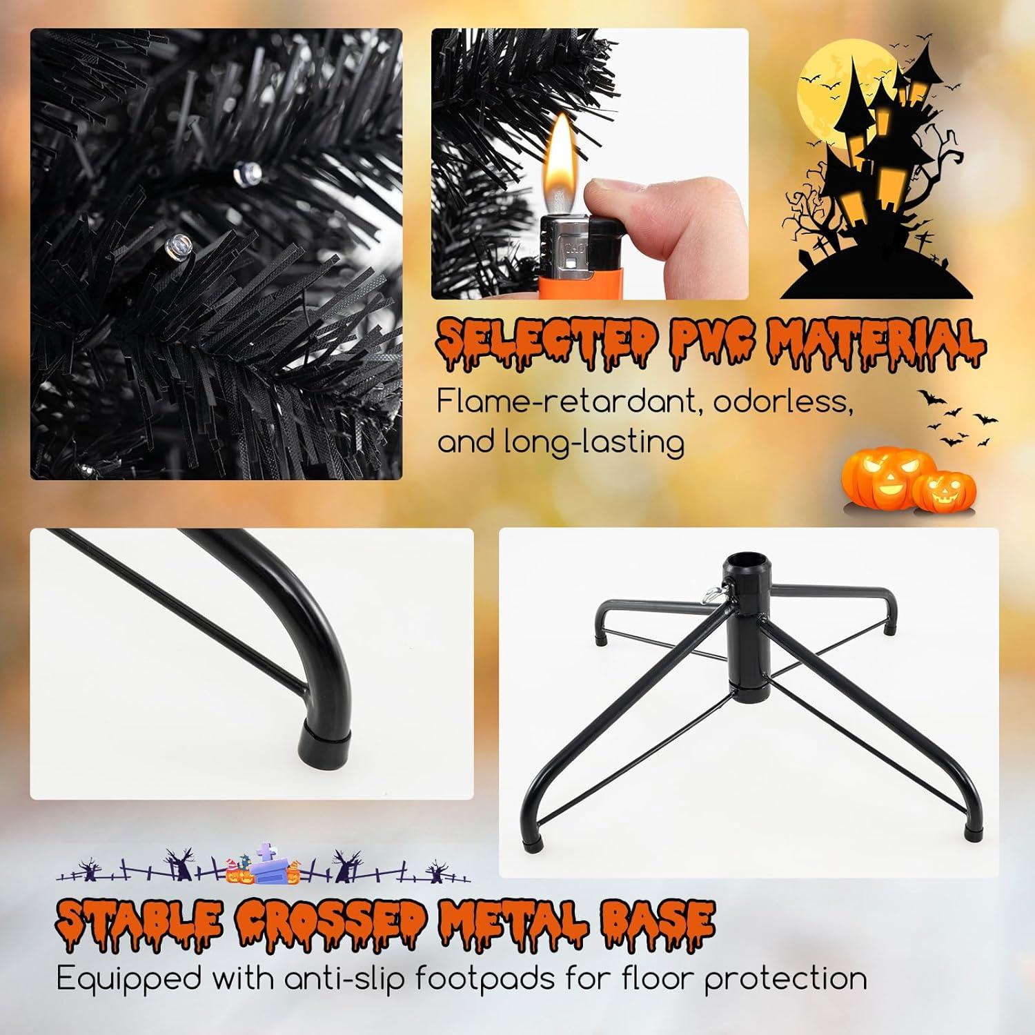 Goplus 7 FT Pre-Lit Black Christmas Tree, Artificial Hinged Halloween Tree with 380 Orange & Purple LED Lights, 6 Lighting Modes, Spooky Sounds