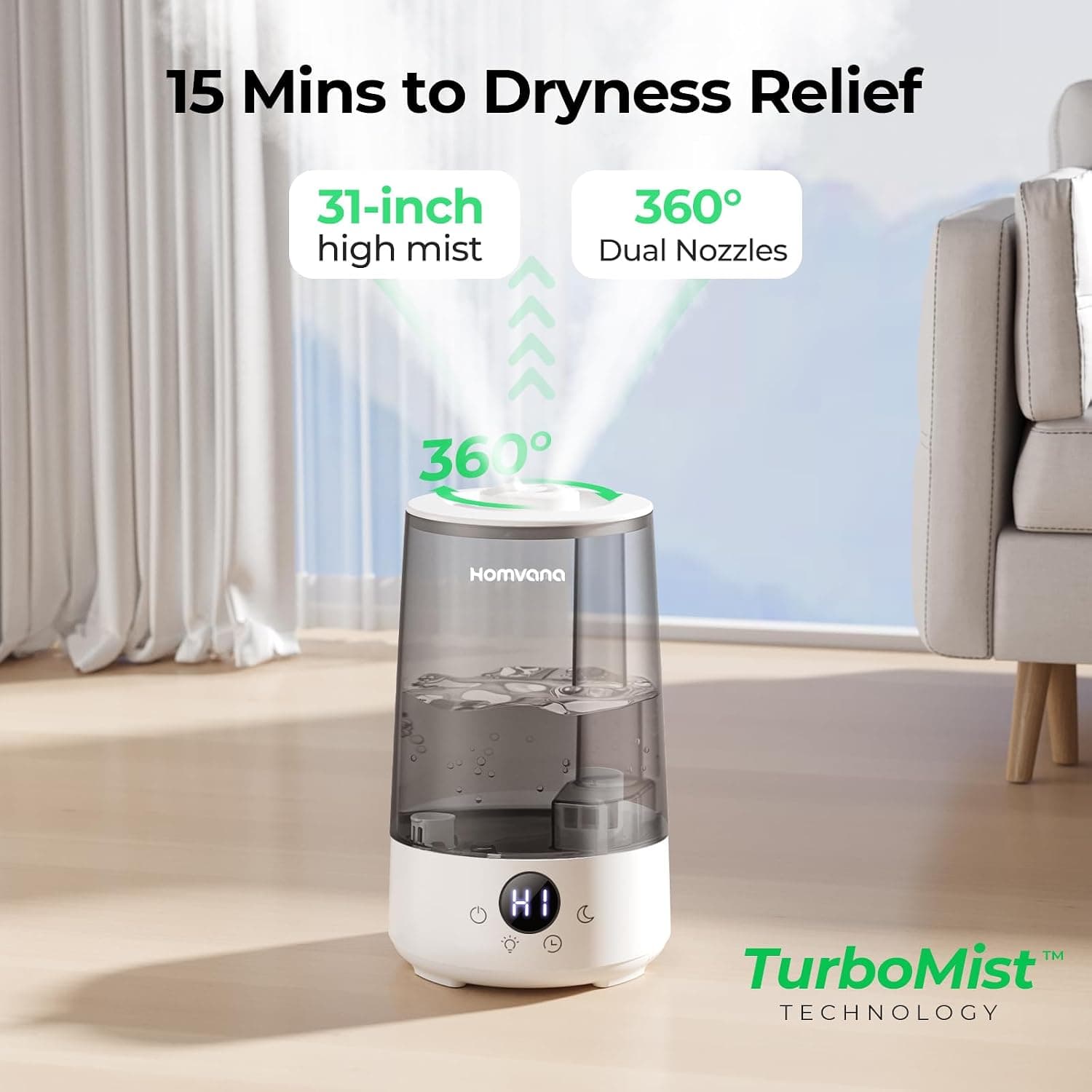Homvana Humidifiers for Bedroom Home, 3.6 L Cool Mist Top-Fill 34H Super Long Time, Quiet 23dB, Baby Humidifier, Oil Diffuser thumbnail 3