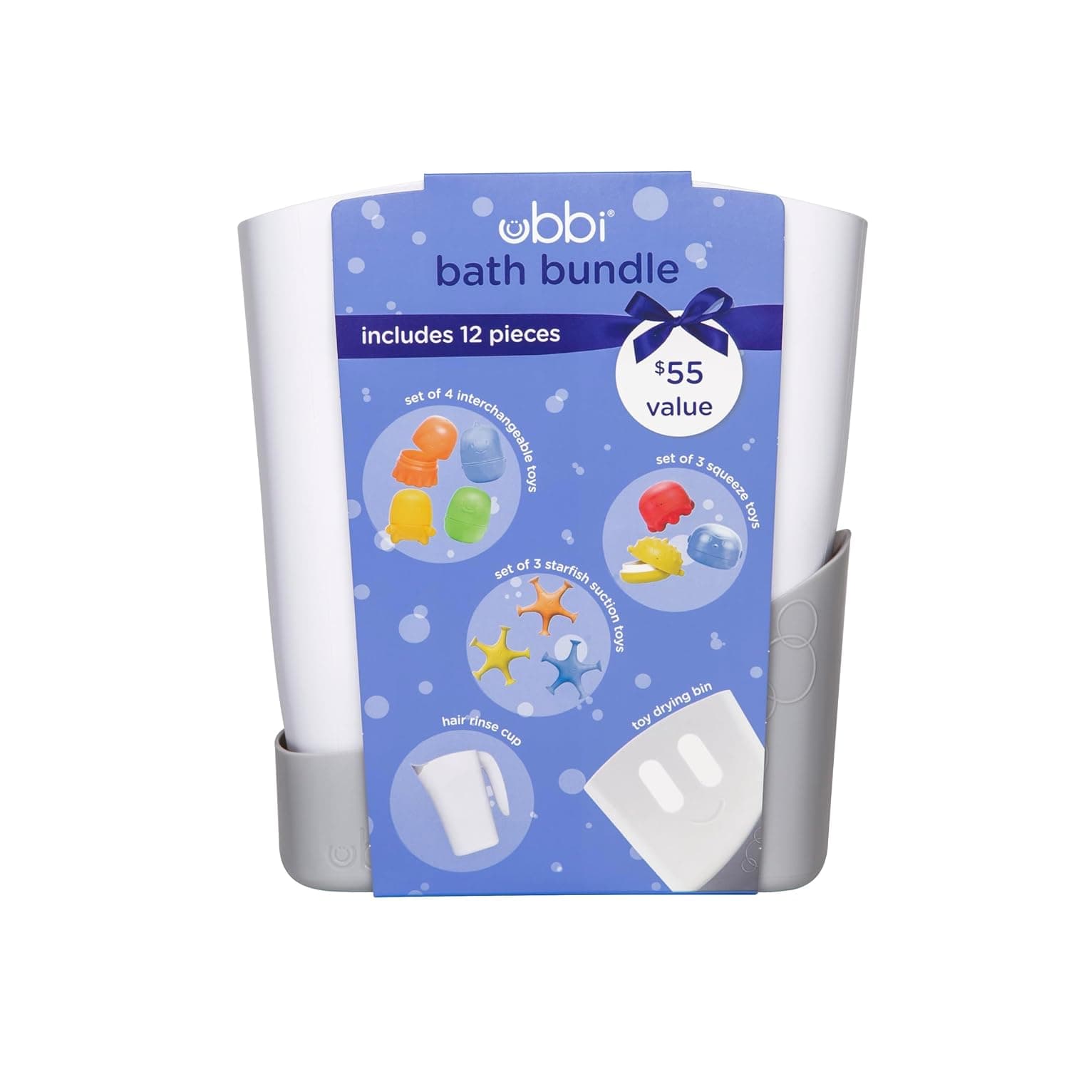 Ubbi Bath Toy & Drying Bin Bundle, Includes 10 Bath Toys, 1 Hair Rinse Cup and 1 Gray Toy Drying Bin, Infant and Toddler Bathtub Accessories