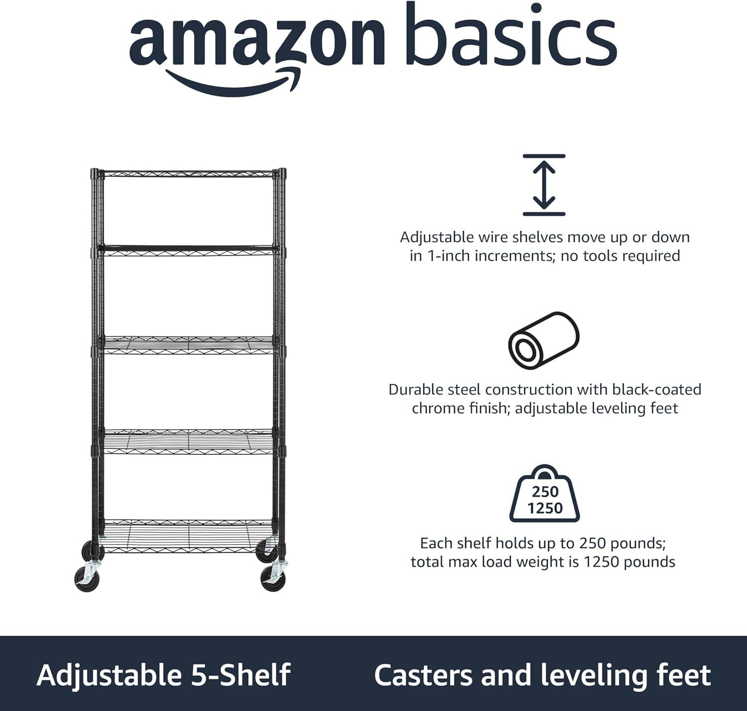 Amazon Basics 5-Shelf Adjustable, Heavy Duty Storage Shelving Unit on 4'' Wheel Casters, Metal Organizer Wire Rack