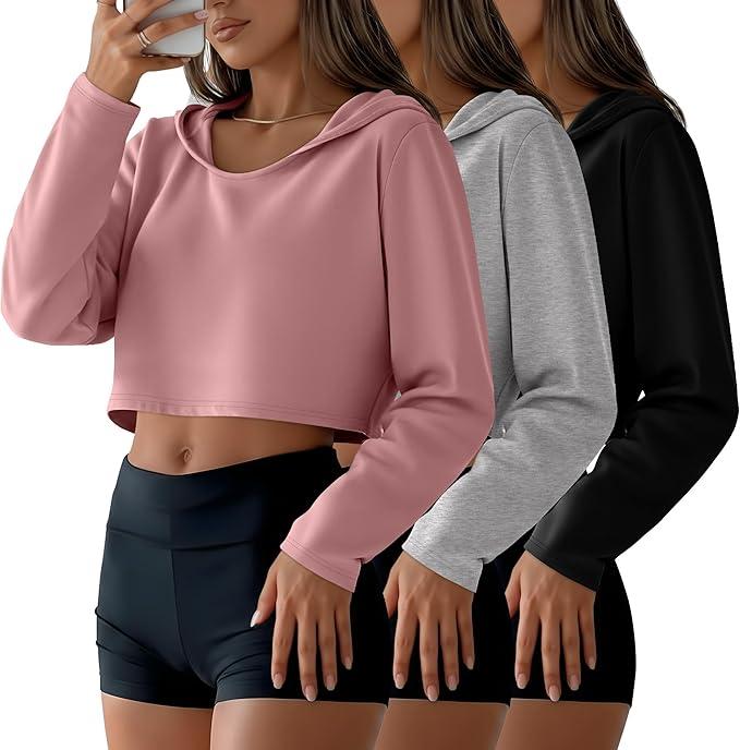 3 Pack Women's Cropped Hoodies Long Sleeve Lightweight Hooded Shirts U Neck Crop Tops Basic Casual Pullover