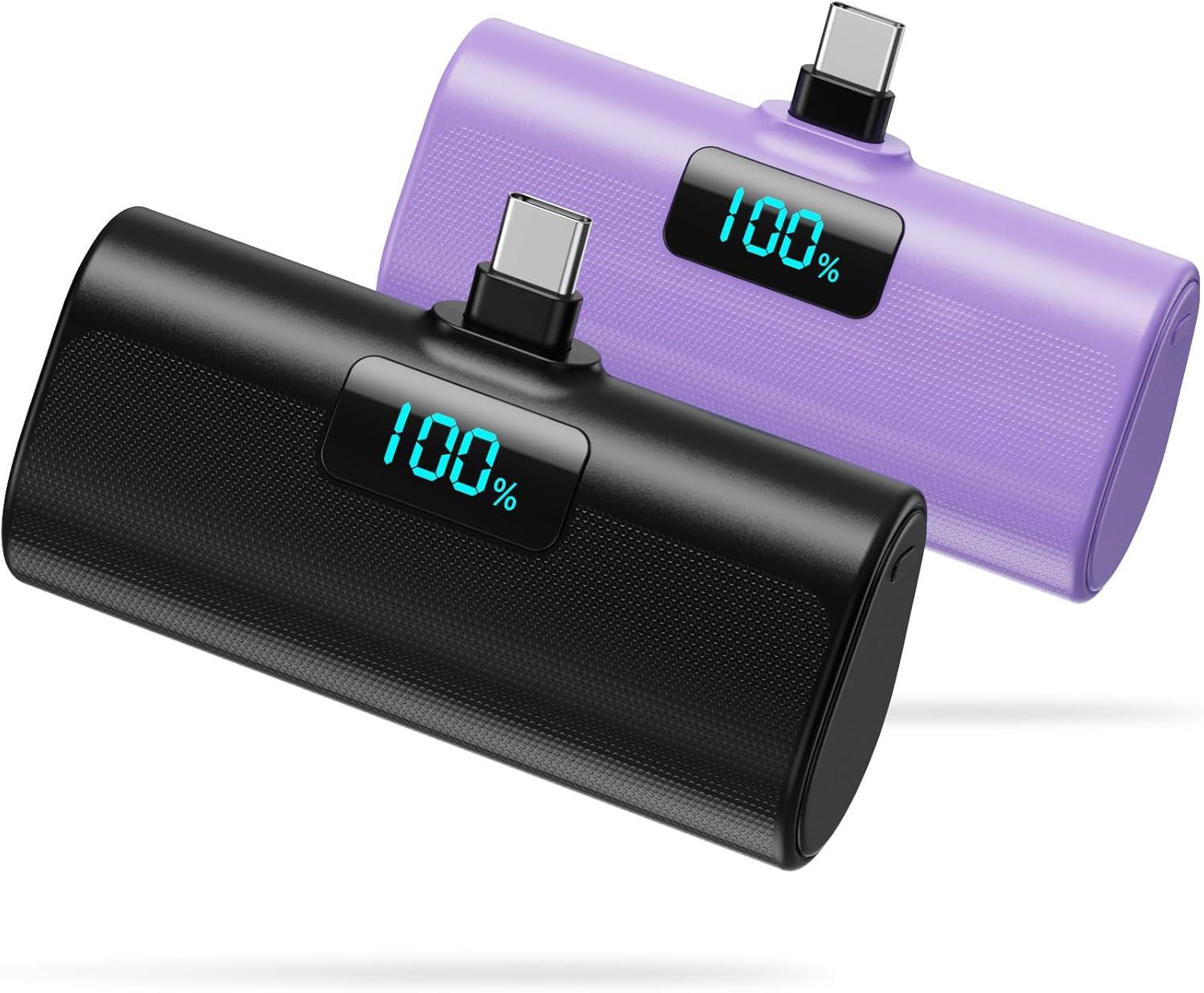 [2-Pack]Small Portable Charger 5200mAh, Upgraded PD USB C Power Bank Built-in USB-C Connector,LCD Display Battery Pack
