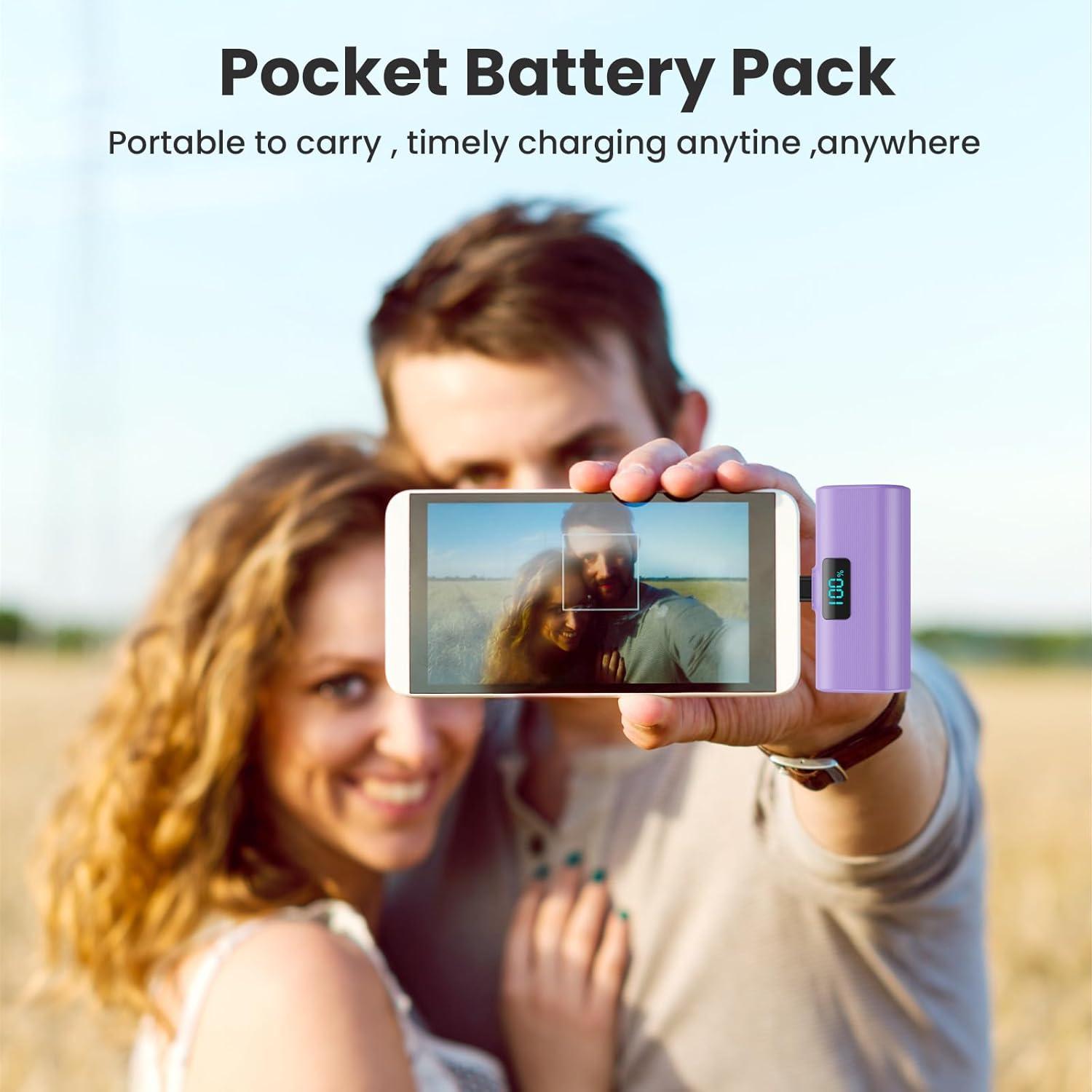 [2-Pack]Small Portable Charger 5200mAh, Upgraded PD USB C Power Bank Built-in USB-C Connector,LCD Display Battery Pack