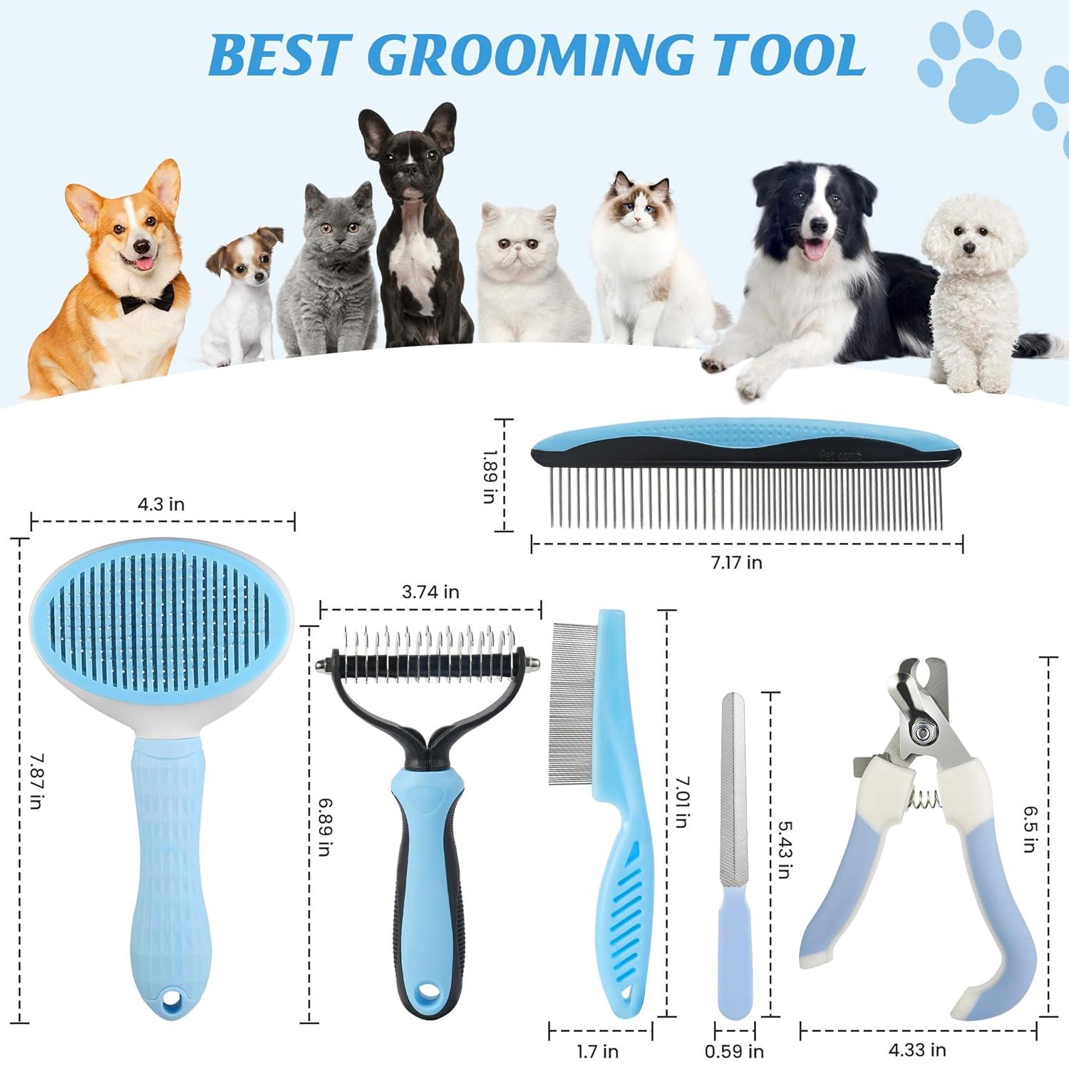 6 In 1 Dog Brush Dog Grooming Kit Undercoat Rake, Slicker Brush, Deshedding Comb, Nail Clipper for Long & Short Haired Dogs & Cats