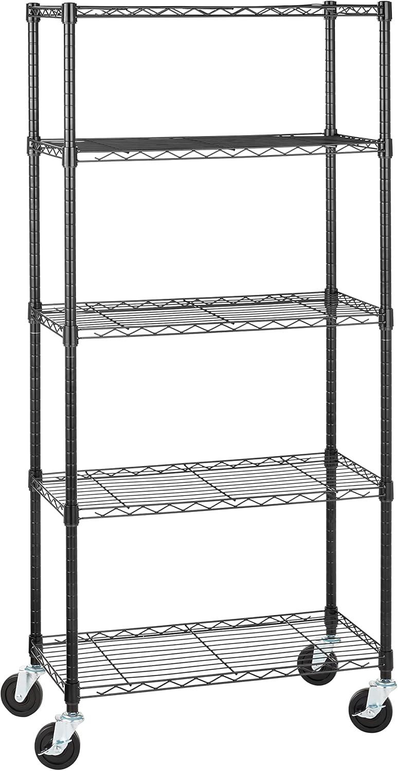 Amazon Basics 5-Shelf Adjustable, Heavy Duty Storage Shelving Unit on 4'' Wheel Casters, Metal Organizer Wire Rack