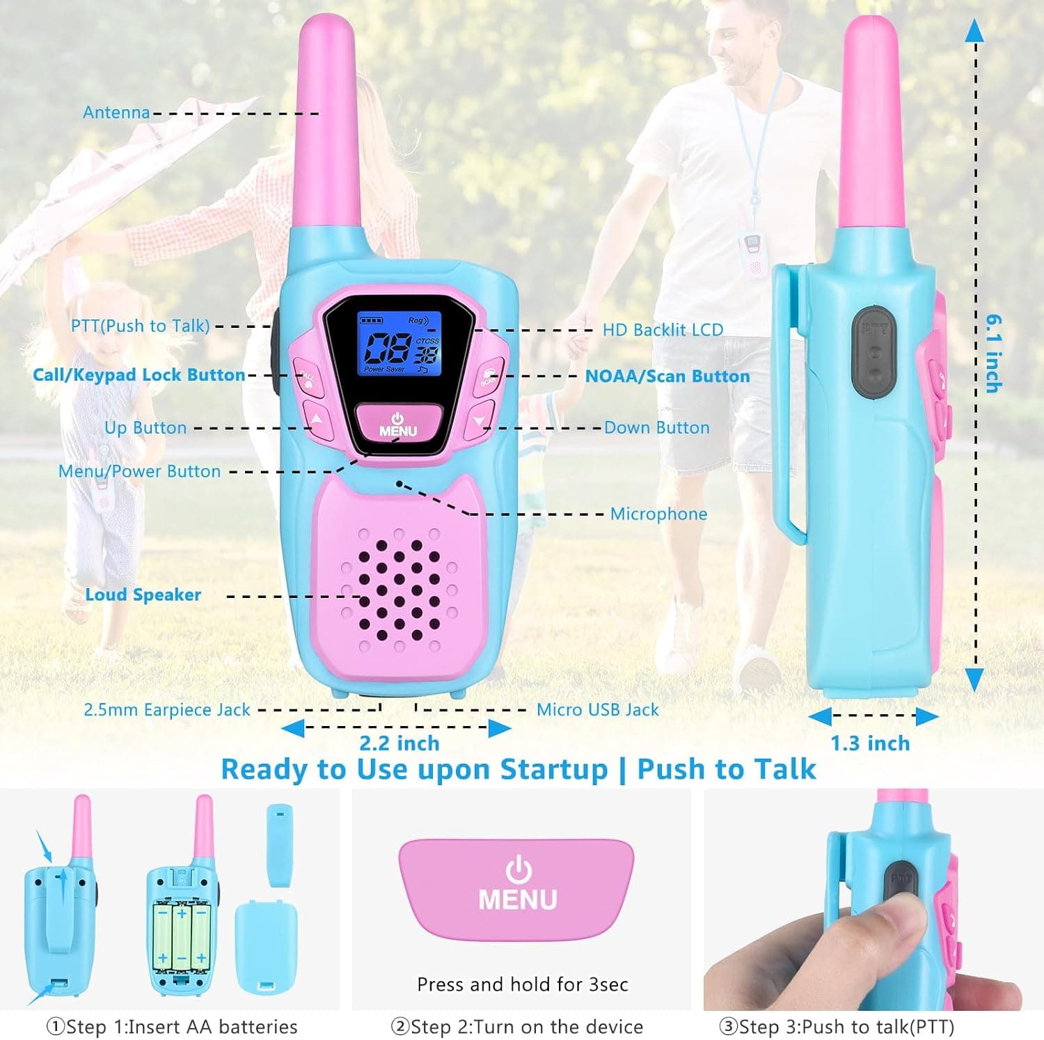 Miniatura de Walkie Talkies for Kids Long Range Walkie-Talkie for Adults Rechargeable 4 Pack with Lanyard NOAA USB 2