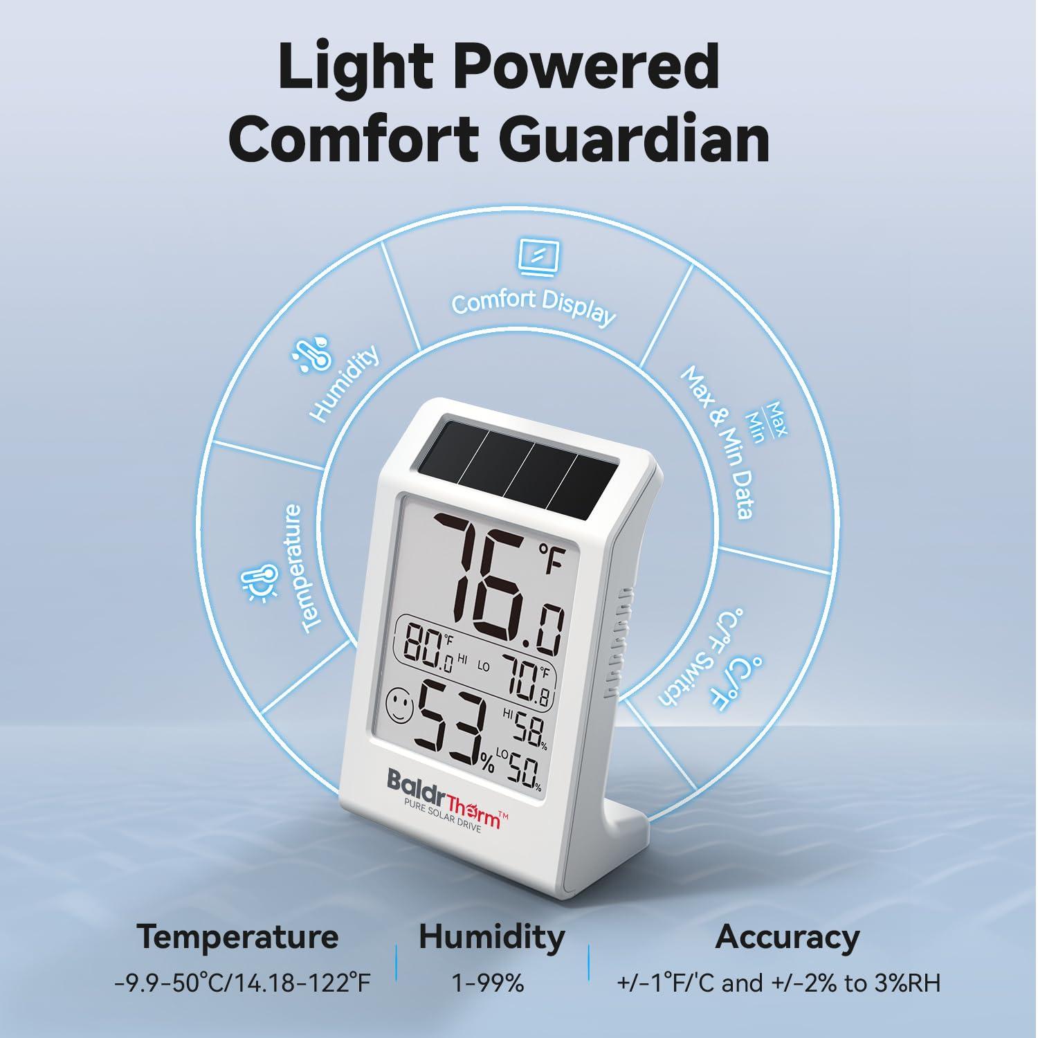 BaldrTherm Room Thermometer Indoor Humidity Meter, Solar-Powered 3.2'' Large Digital Temperature Sensor Monitor with Max/Min Reading
