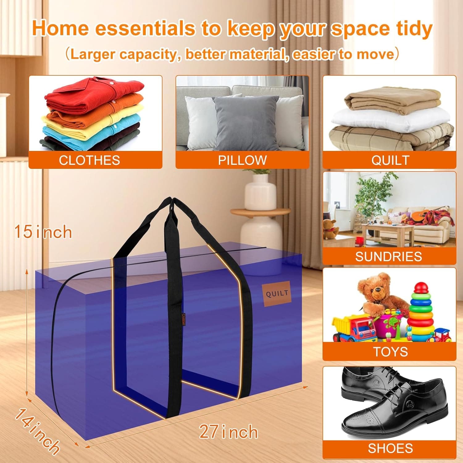 KRYSTY 10-Pack Heavy Duty Moving Bags and Large Storage Bags with Strong Handles, Durable Zippers,and Space-Saving Design