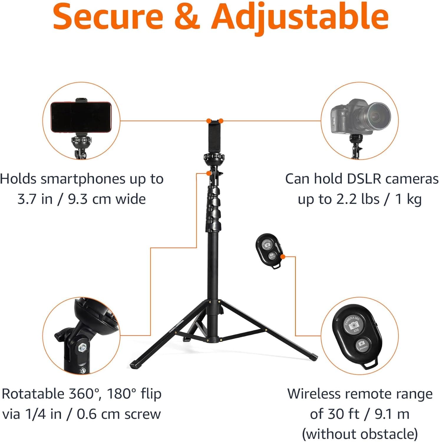 Miniatura de Amazon Basics 64-inch Extendable Tripod for iPhones and Smartphones, Selfie Stick Mode and Phone Tripod Mode, Black 4