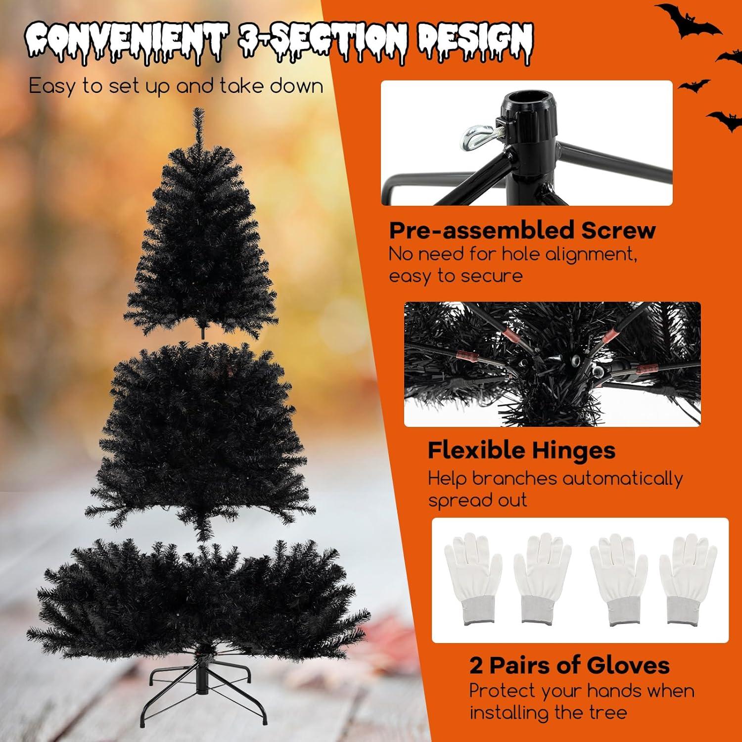 Goplus 7 FT Pre-Lit Black Christmas Tree, Artificial Hinged Halloween Tree with 380 Orange & Purple LED Lights, 6 Lighting Modes, Spooky Sounds