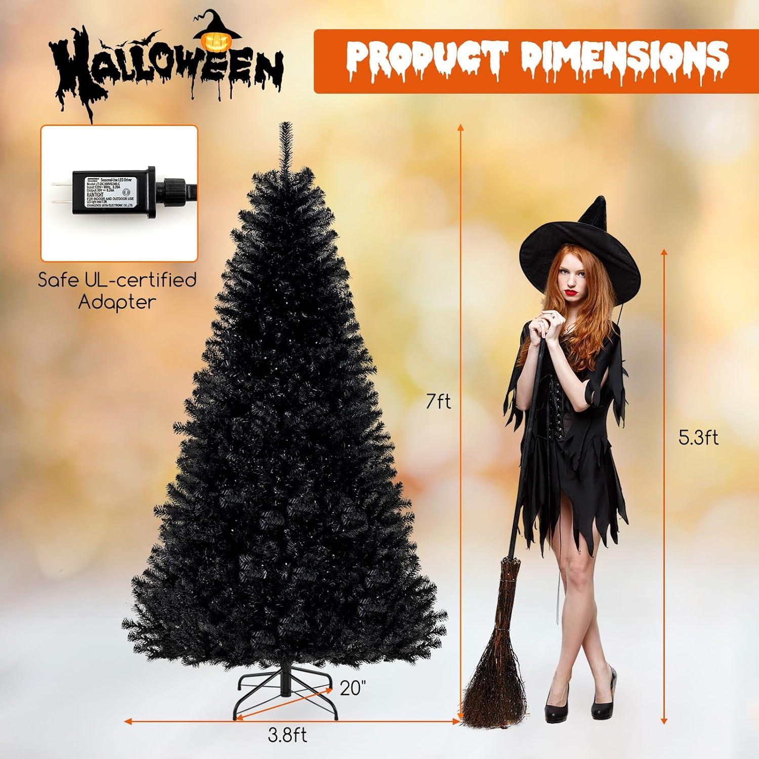 Goplus 7 FT Pre-Lit Black Christmas Tree, Artificial Hinged Halloween Tree with 380 Orange & Purple LED Lights, 6 Lighting Modes, Spooky Sounds