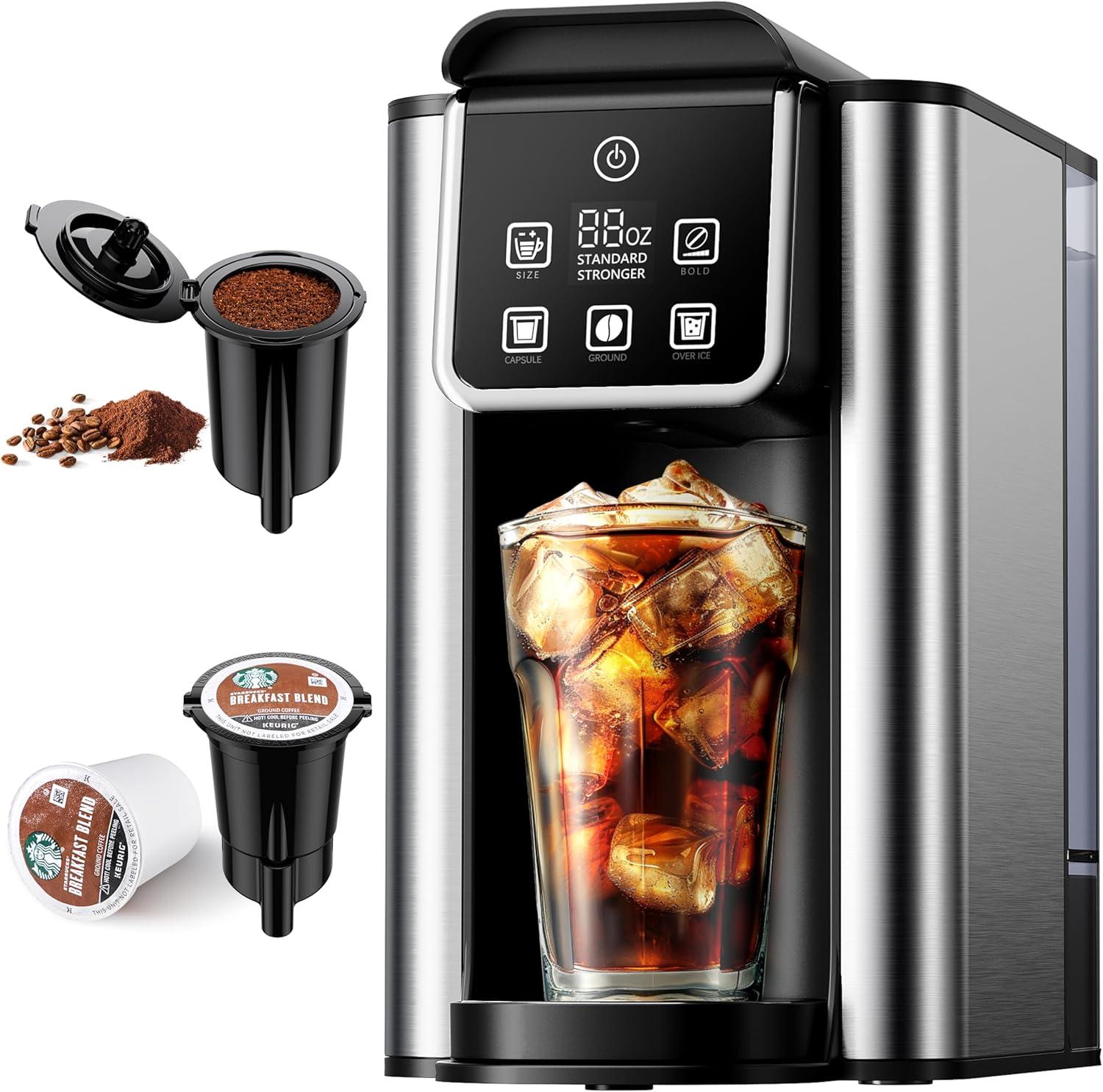 Hot & Iced Coffee Maker with Bold Setting, Single Serve Coffee Maker for K Cup and Grounds, 6-14 Oz Brew Sizes, 50 Oz Removable Water Tank