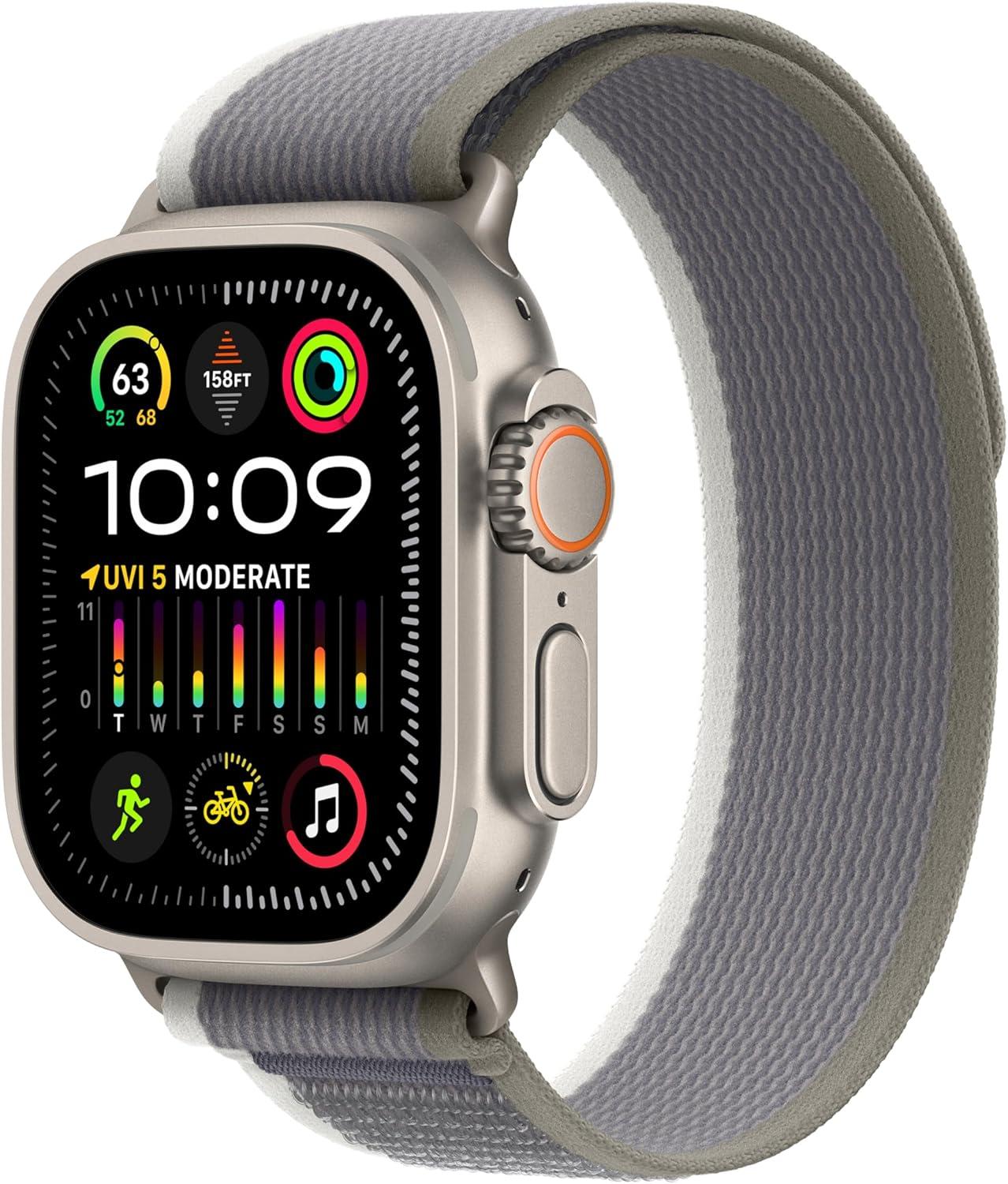 Apple Watch Ultra 2 [GPS + Cellular 49mm] Smartwatch with Rugged Titanium Case & Green/Gray Trail Loop M/L. Fitness Tracker, Precision GPS, Action Button