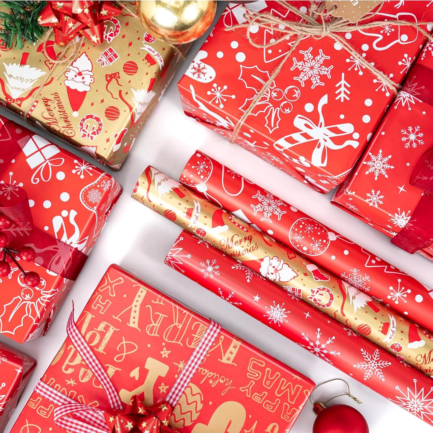 Miniatura de RJVW Small Christmas Gift Wrapping Paper Rolls,3 Rolls 17inches x 198inches Reversible Gift Wrapping Paper, Red Gold White Wrapping Paper 3