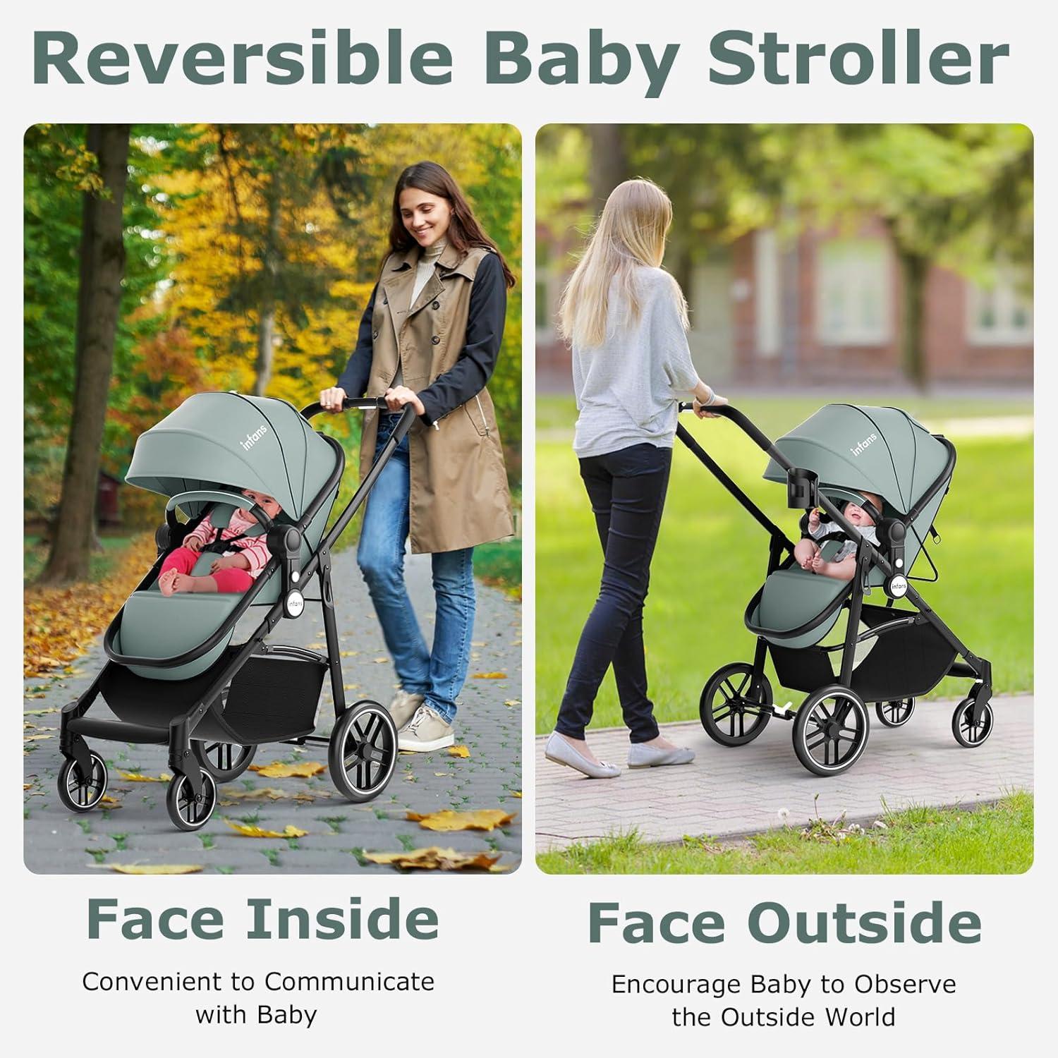 INFANS 2 in 1 Baby Stroller, High Landscape Infant Stroller & Reversible Bassinet Pram, Foldable Pushchair with Adjustable Canopy