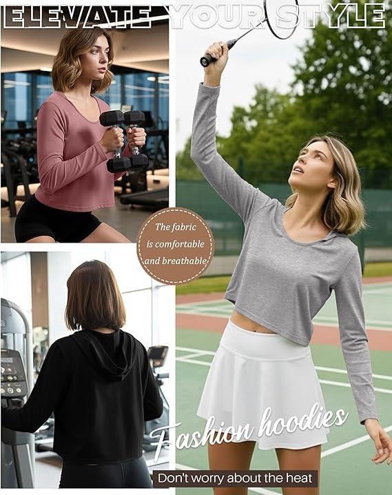 3 Pack Women's Cropped Hoodies Long Sleeve Lightweight Hooded Shirts U Neck Crop Tops Basic Casual Pullover