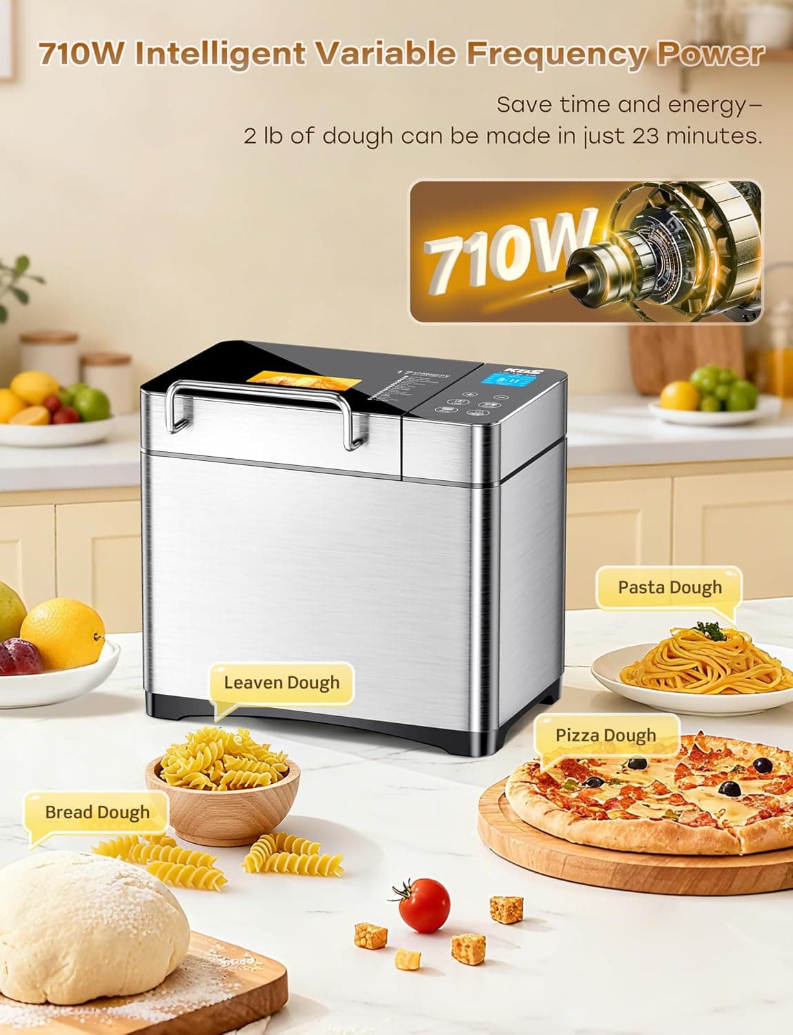 Miniatura de KBS Pro 710W Bread Maker, 2LB 17-in-1 Automatic Bread Machine with Healthy Ceramic Pan, Nut Dispenser, Tempered Glass Touch Panel, Stainless Steel Housing,3 Crust Colors 6