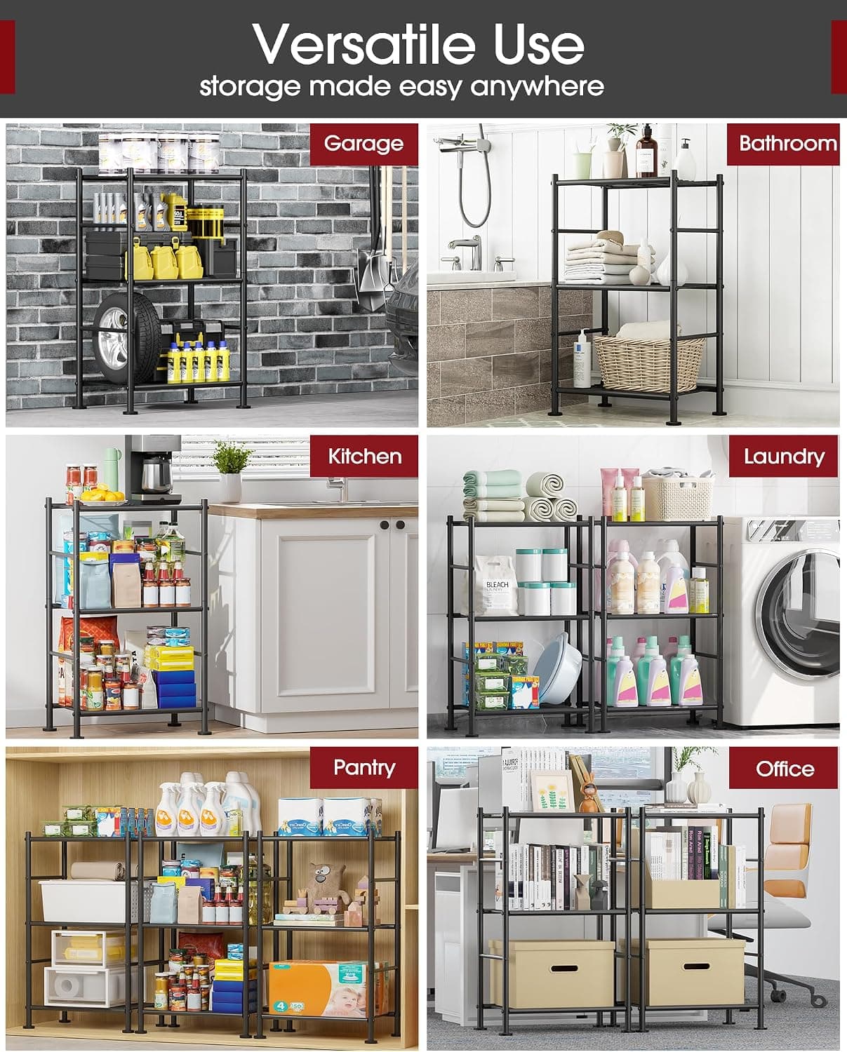 Sakugi 3-Tier Metal Storage Shelves Adjustable Feet, 18"x12"x30", Black thumbnail 3