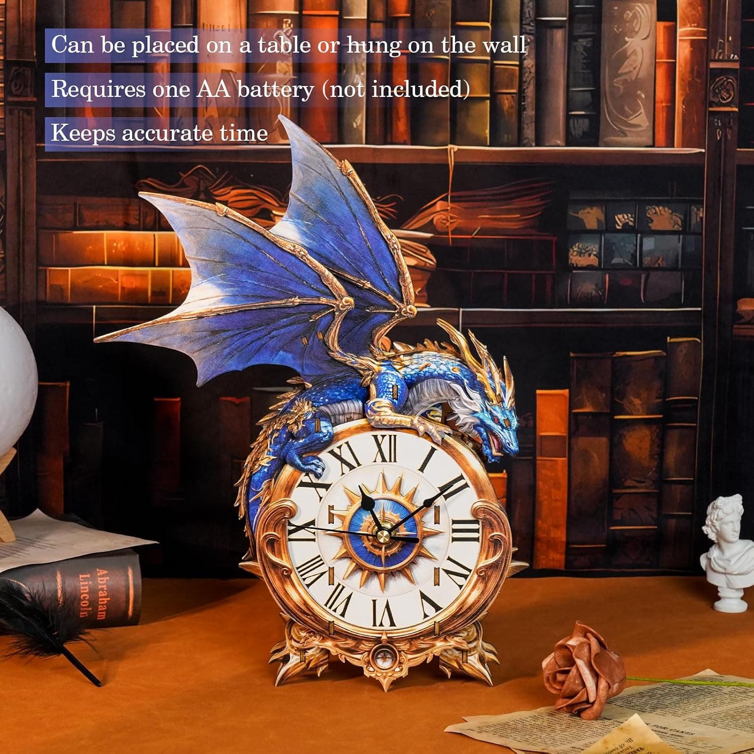 Miniatura de 3D Puzzles for Adults Clock-Blue Dragon Design Model Kit-Mechanical DIY Pendulum Clock with Roman Numerals 2