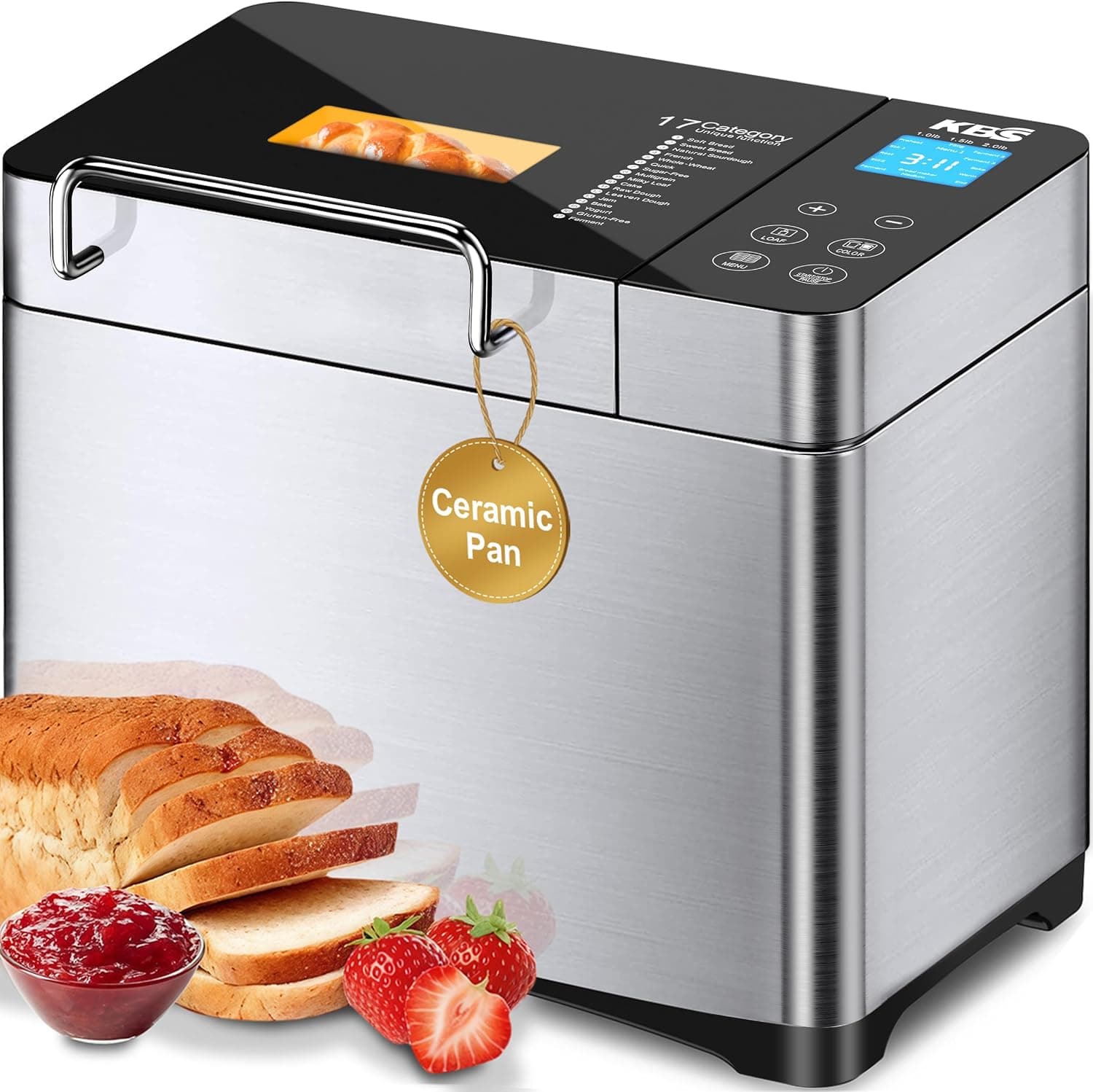KBS Pro 710W Bread Maker, 2LB 17-in-1 Automatic Bread Machine with Healthy Ceramic Pan, Nut Dispenser, Tempered Glass Touch Panel, Stainless Steel Housing,3 Crust Colors