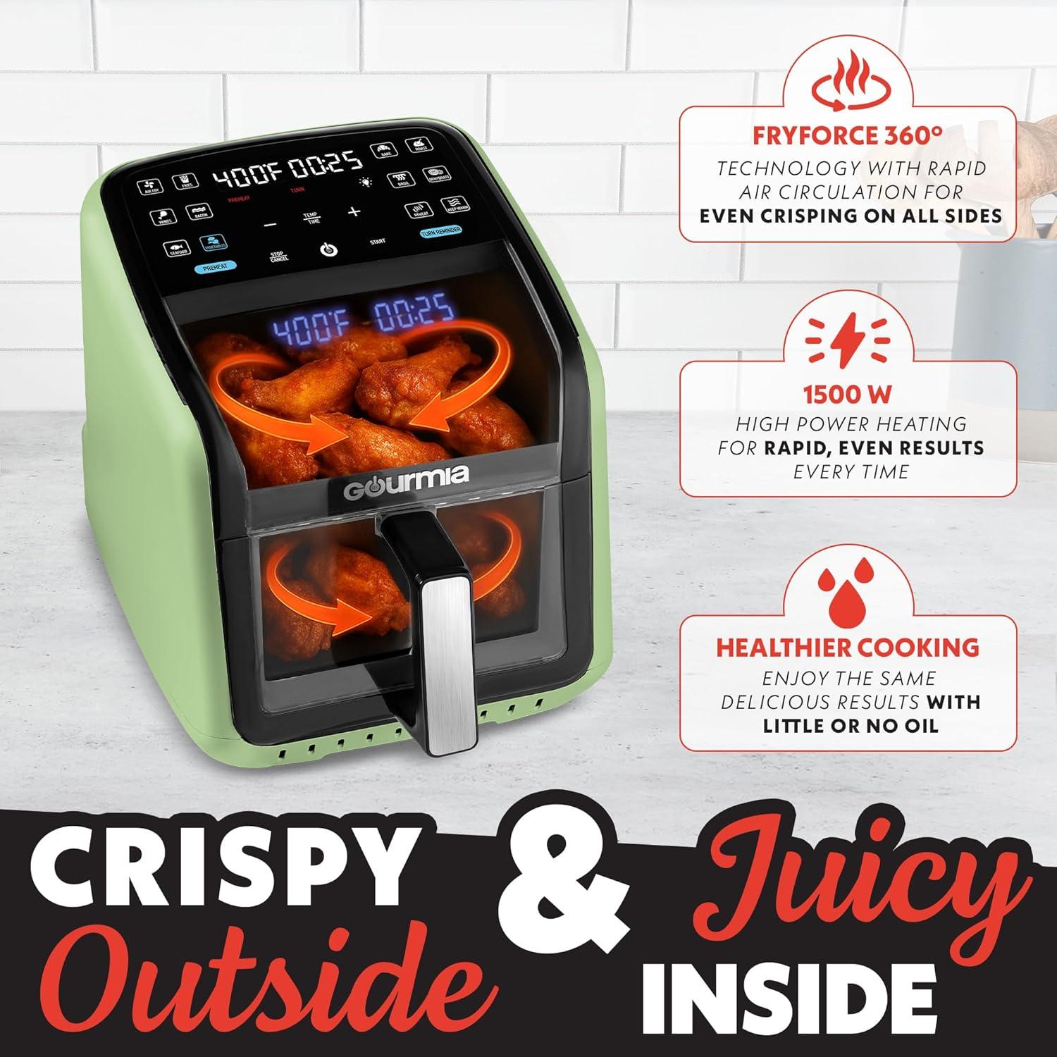 Gourmia Air Fryer 7 QT - Easy View Panoramic Window & Interior Light, Guided Cooking with 12 One-Touch Presets, FryForce 360, Dishwasher Safe Accessories, Green