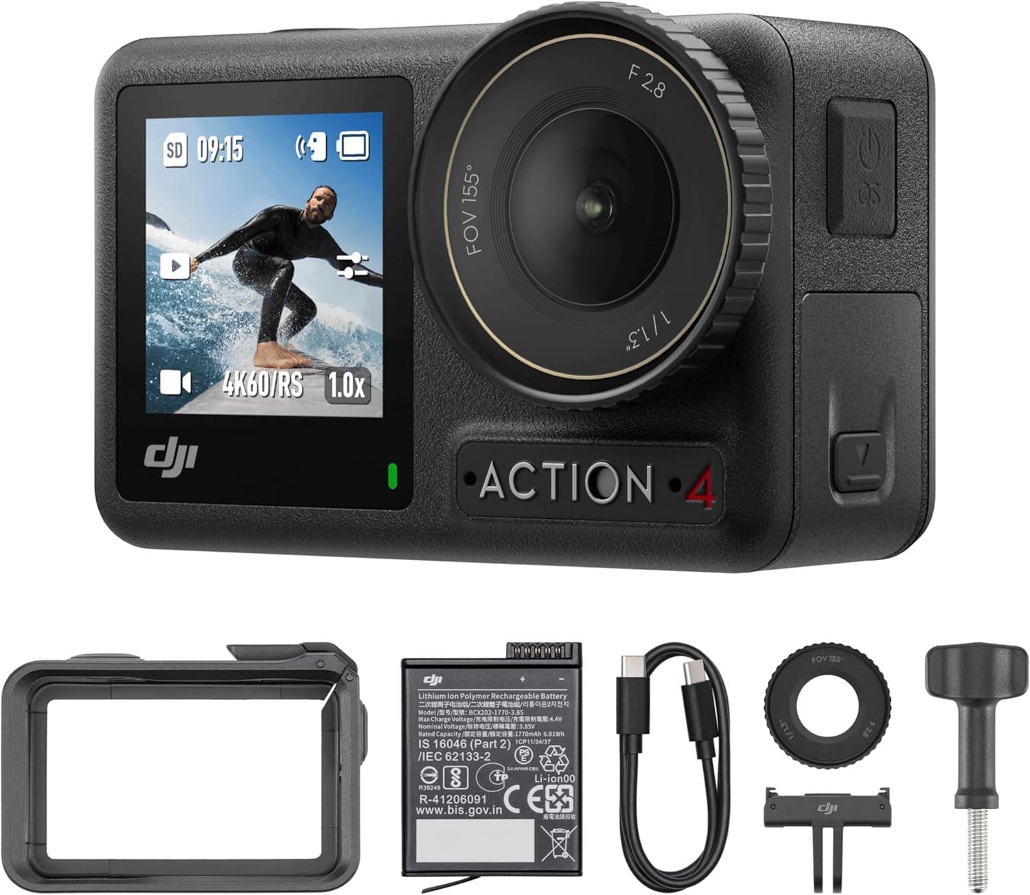 DJI Osmo Action 4 Essential Combo, 4K/120fps Waterproof Action Camera with a 1/1.3-Inch Sensor, Stunning Low-Light Imaging