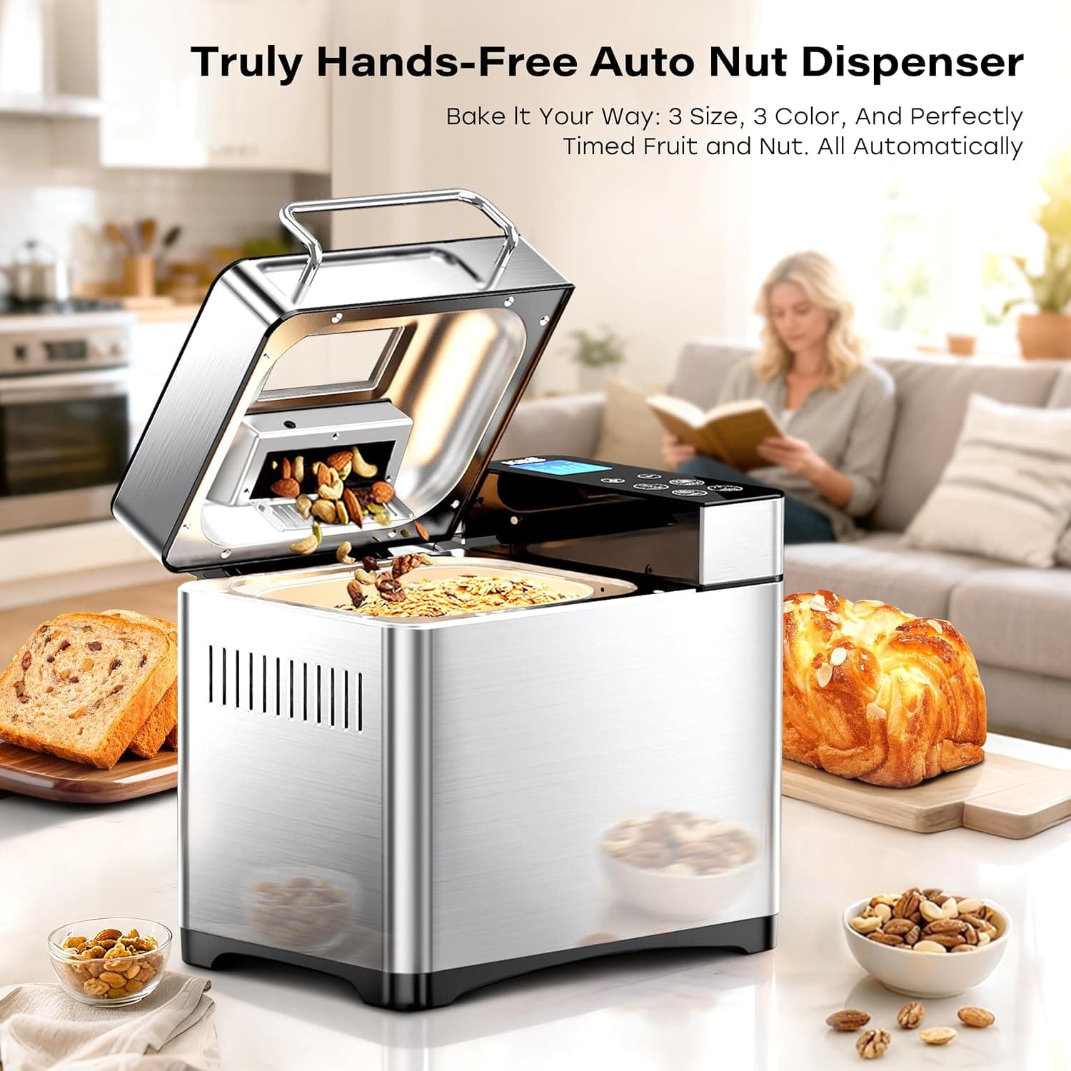 Miniatura de KBS Pro 710W Bread Maker, 2LB 17-in-1 Automatic Bread Machine with Healthy Ceramic Pan, Nut Dispenser, Tempered Glass Touch Panel, Stainless Steel Housing,3 Crust Colors 4