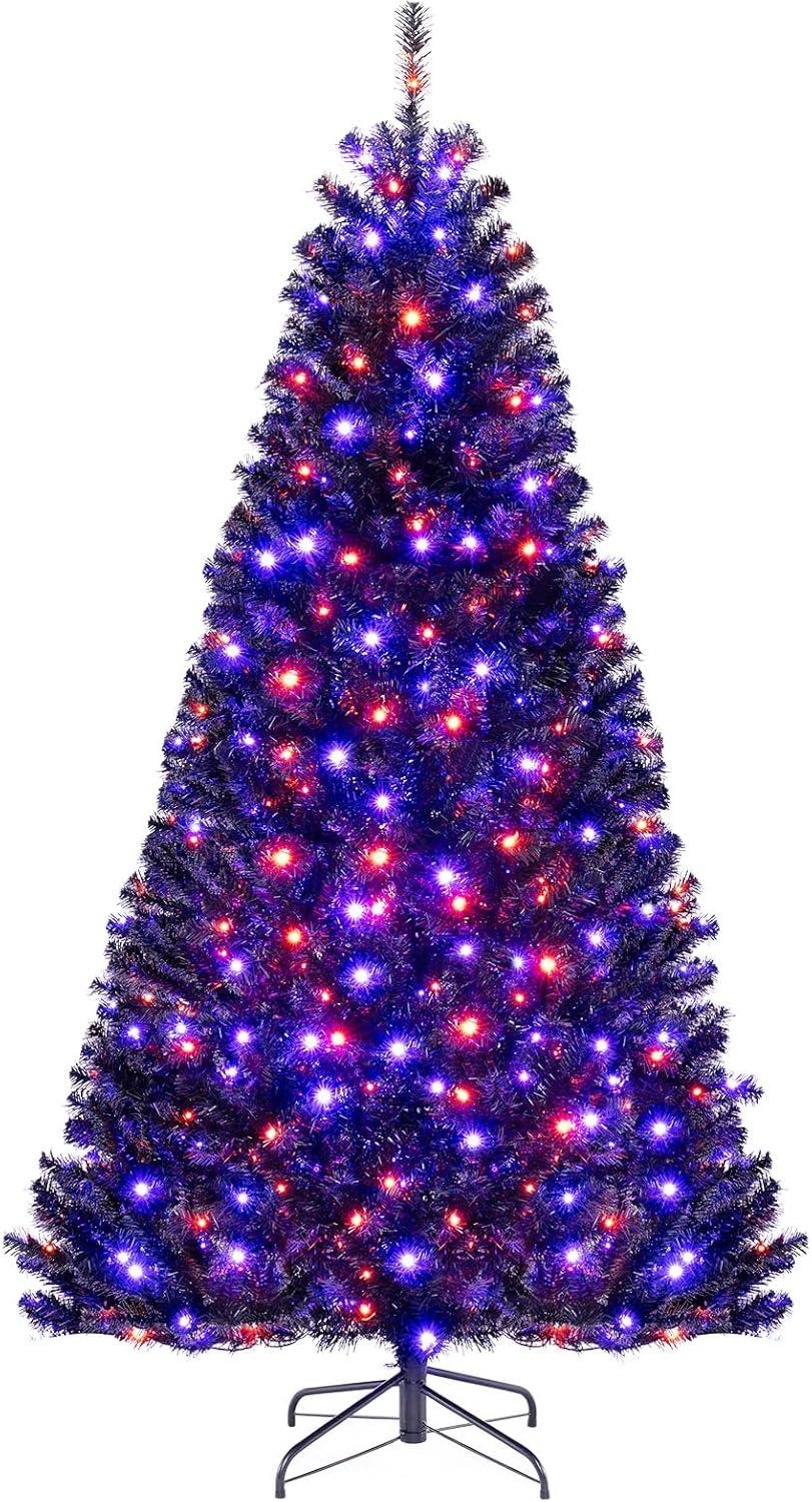 Goplus 7 FT Pre-Lit Black Christmas Tree, Artificial Hinged Halloween Tree with 380 Orange & Purple LED Lights, 6 Lighting Modes, Spooky Sounds