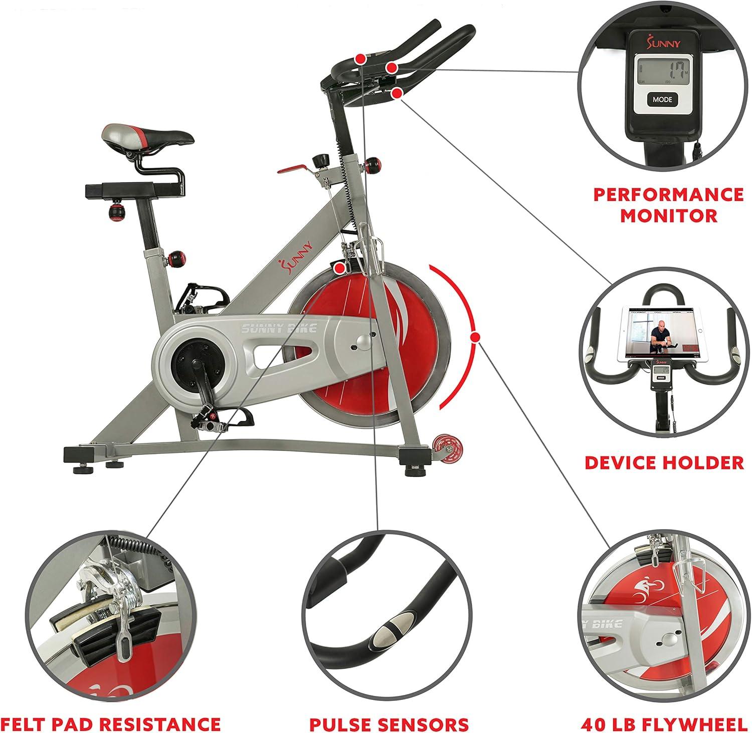 Sunny Health & Fitness Stationary Exercise Bike Machine w/ Adjustable Cushion Seat & Multi-Grip Handlebar