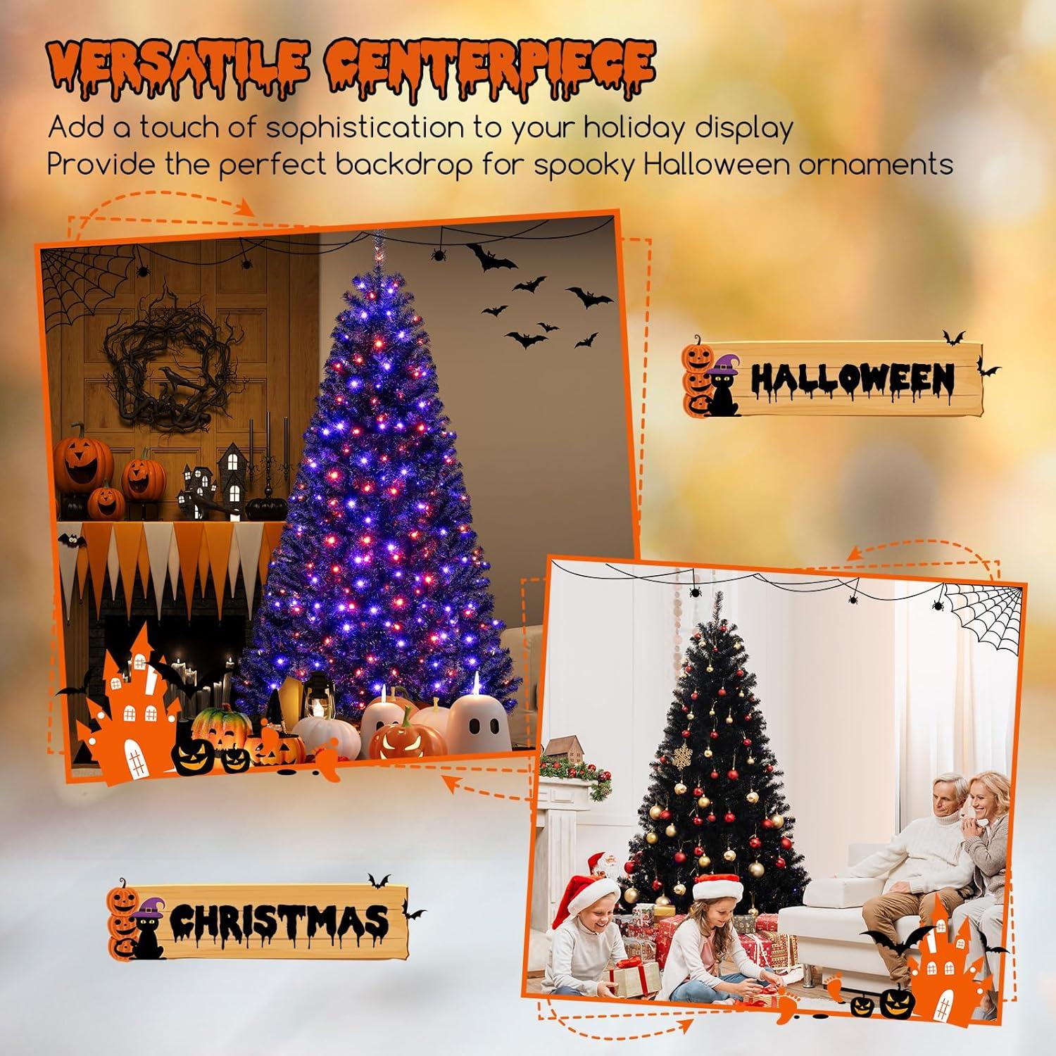 Goplus 7 FT Pre-Lit Black Christmas Tree, Artificial Hinged Halloween Tree with 380 Orange & Purple LED Lights, 6 Lighting Modes, Spooky Sounds