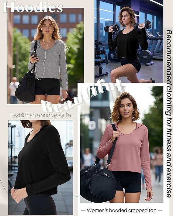 3 Pack Women's Cropped Hoodies Long Sleeve Lightweight Hooded Shirts U Neck Crop Tops Basic Casual Pullover
