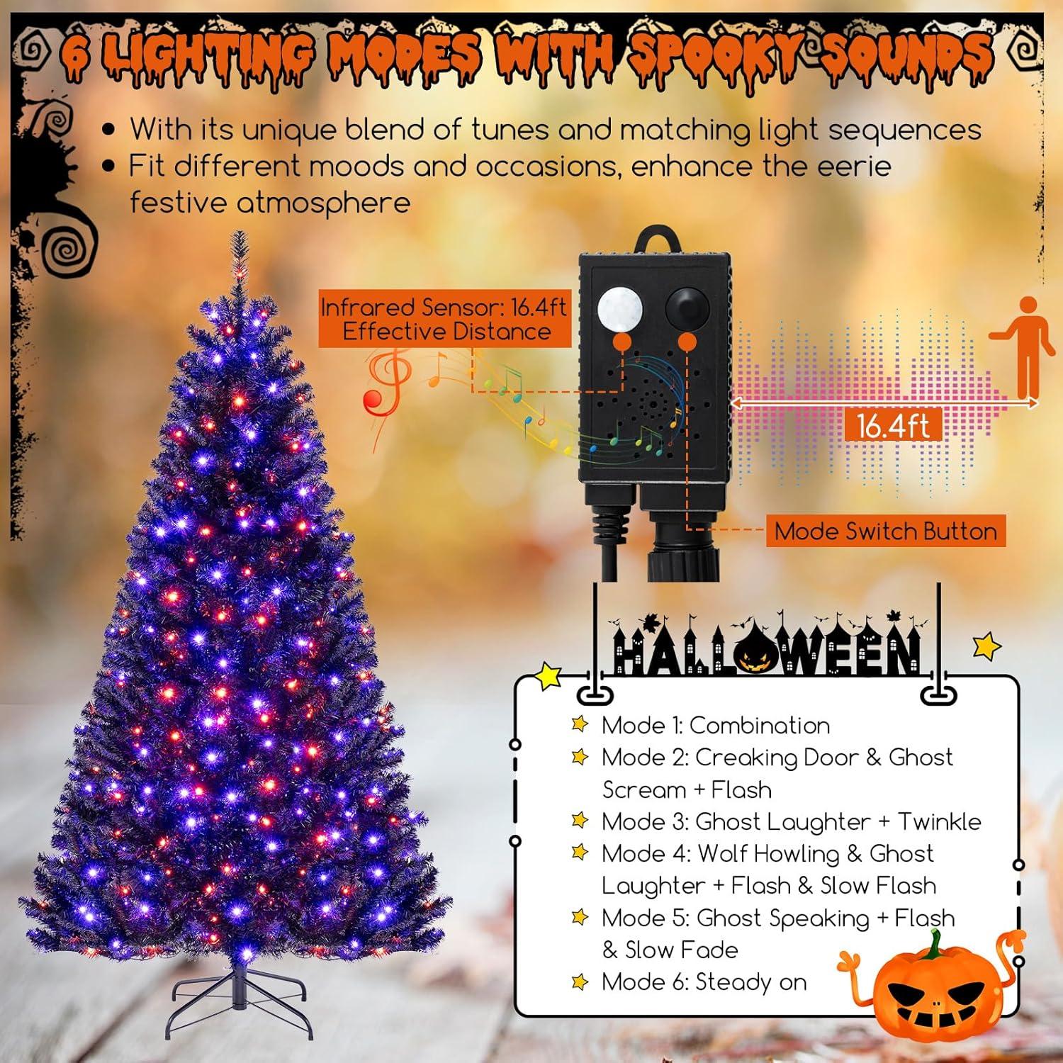 Goplus 7 FT Pre-Lit Black Christmas Tree, Artificial Hinged Halloween Tree with 380 Orange & Purple LED Lights, 6 Lighting Modes, Spooky Sounds