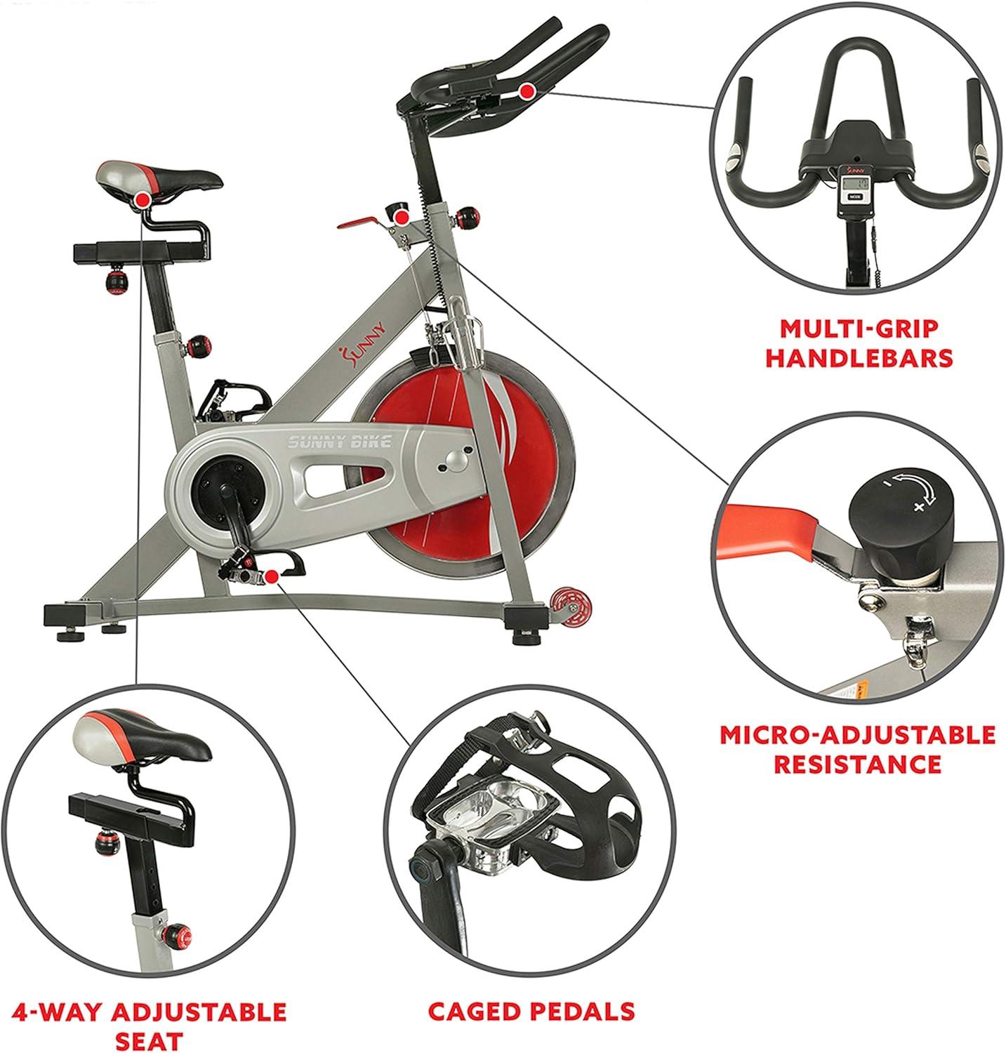 Sunny Health & Fitness Stationary Exercise Bike Machine w/ Adjustable Cushion Seat & Multi-Grip Handlebar